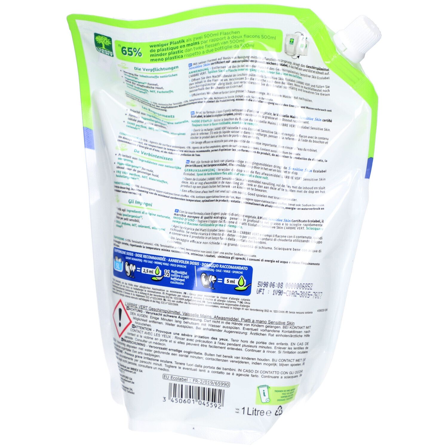 Rückseite der Nachfüllpackung L'ARBRE VERT. Text in mehreren Sprachen. 1 Liter. Recycling-Hinweis.