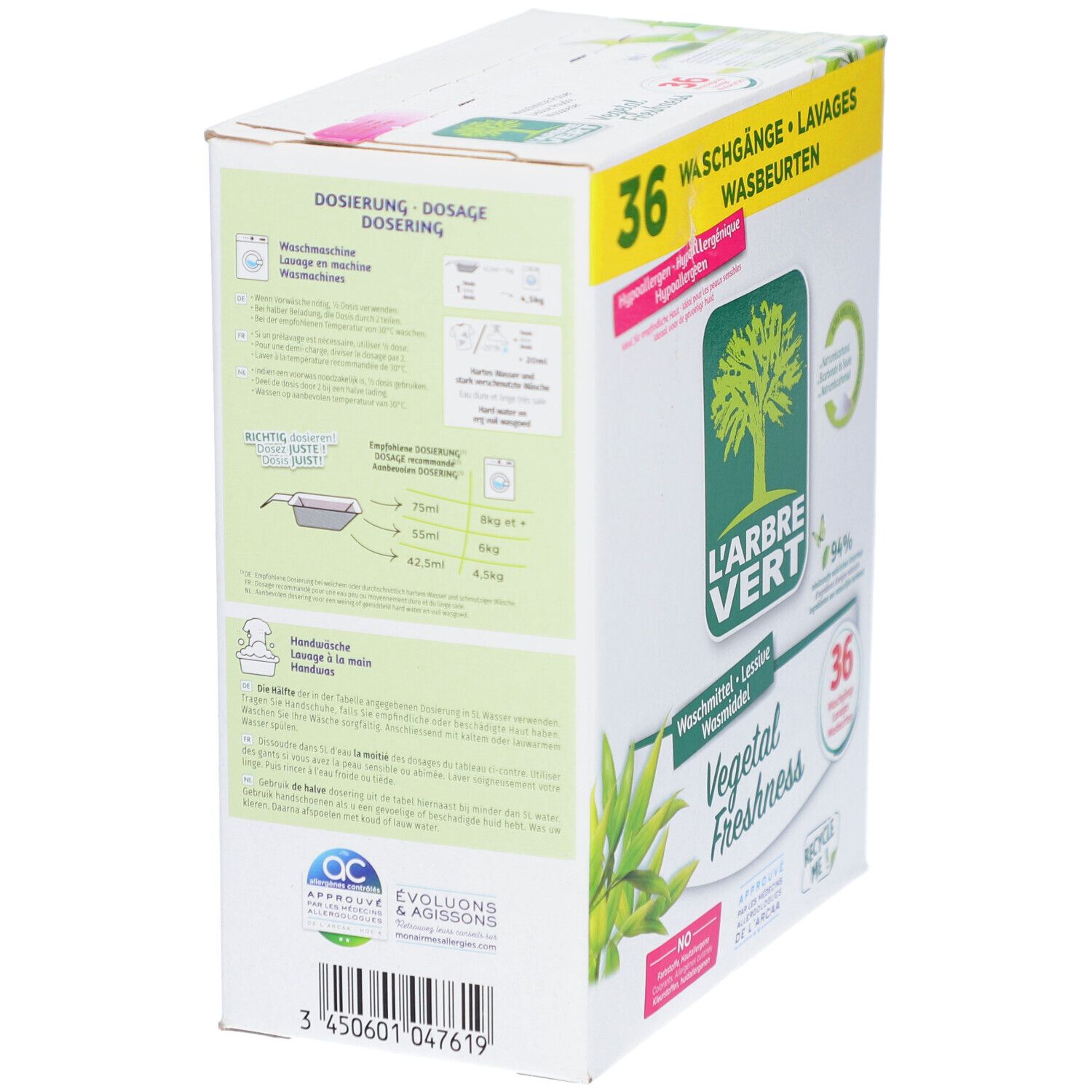 Karton L'ARBRE VERT. Seitenansicht mit Dosierungsangaben und Logo. 36 Waschgänge.