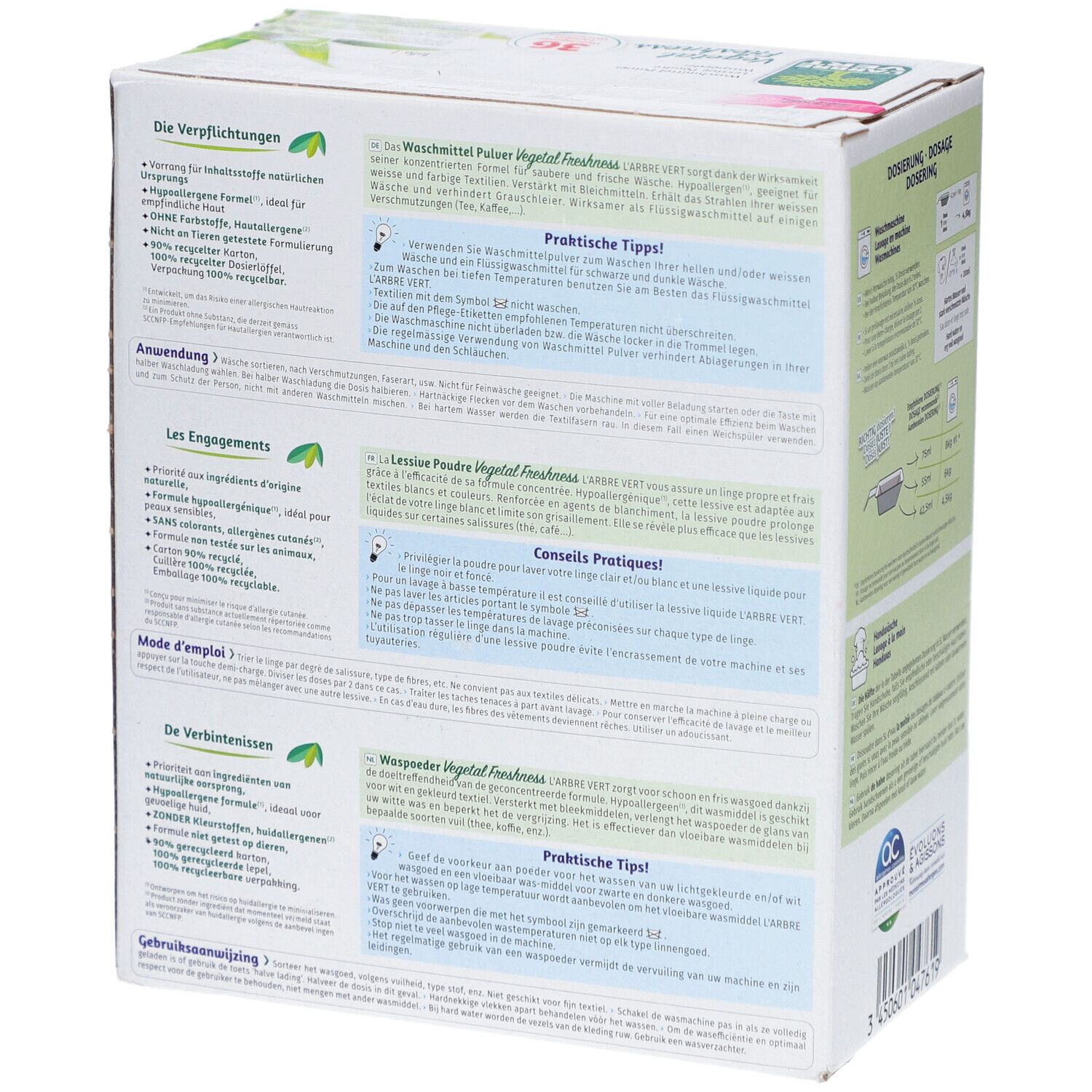 Rückseite der L'ARBRE VERT Waschmittel-Verpackung. Text in mehreren Sprachen. Informationen zum Produkt.