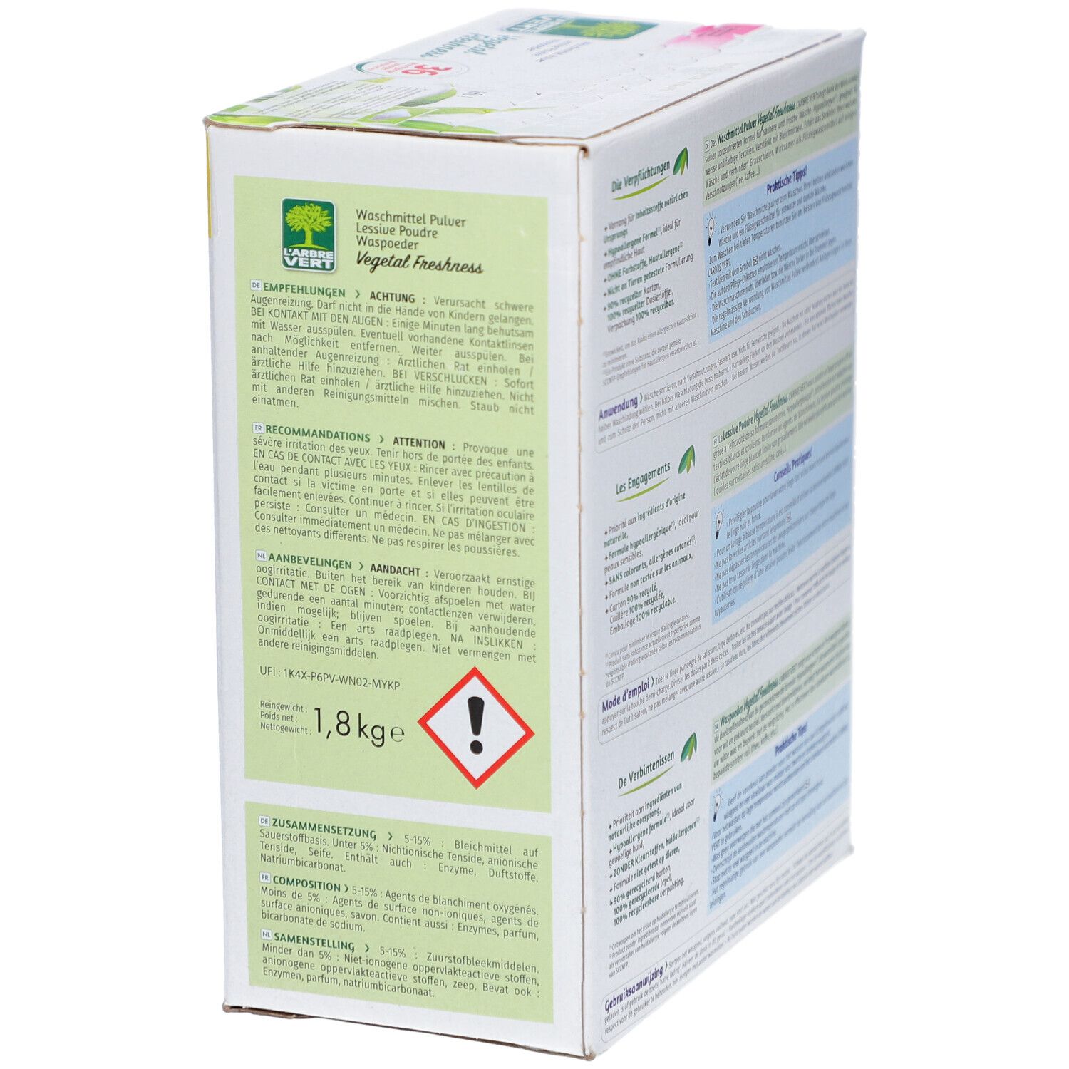 Seite der L'ARBRE VERT Waschmittel-Verpackung. Warnhinweis und Gewichtsangabe: 1,8 kg.
