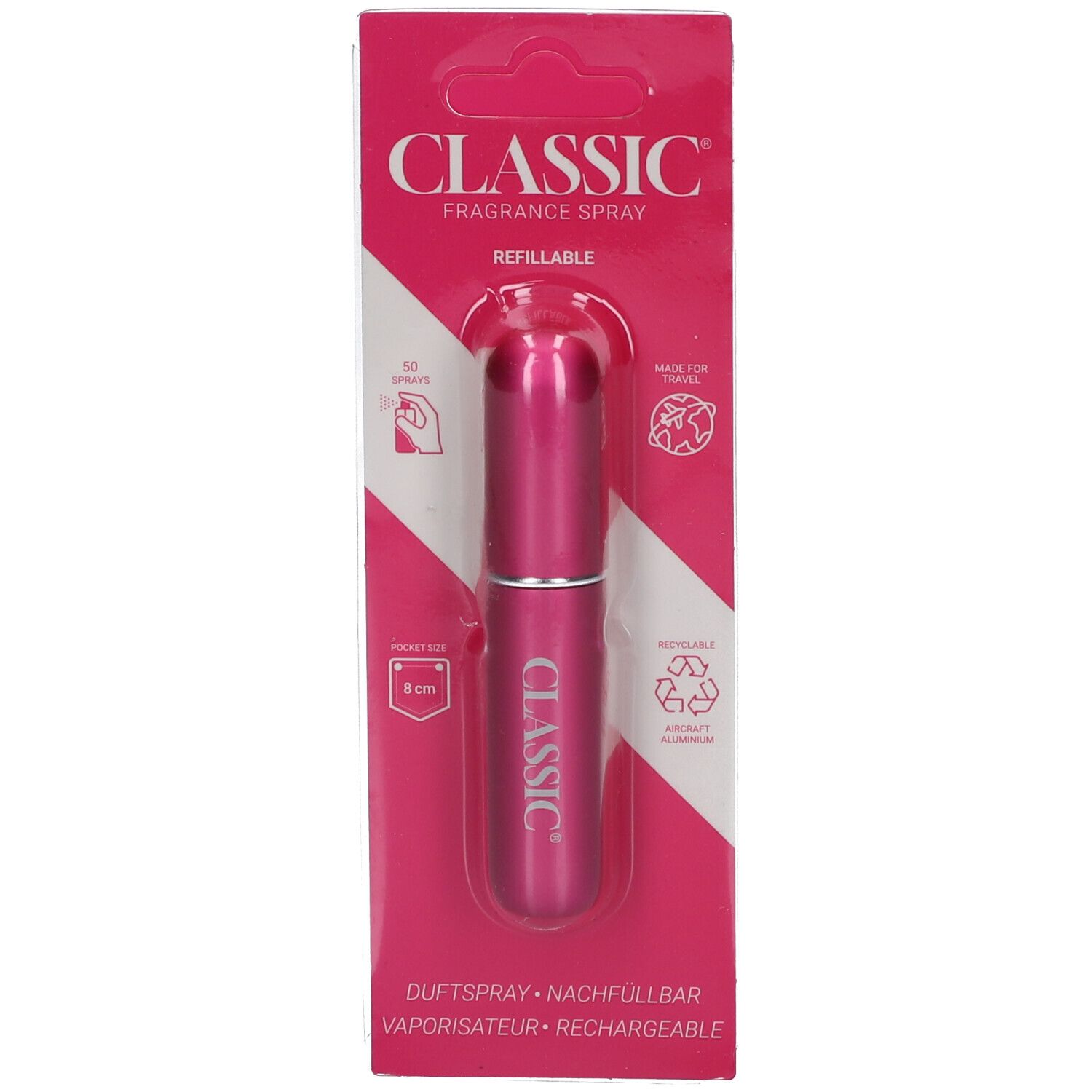 Vaporisateur CLASSIC rechargeable rose, emballage. Flacon en aluminium, 8 cm, avec vaporisateur. Symbole de recyclage.