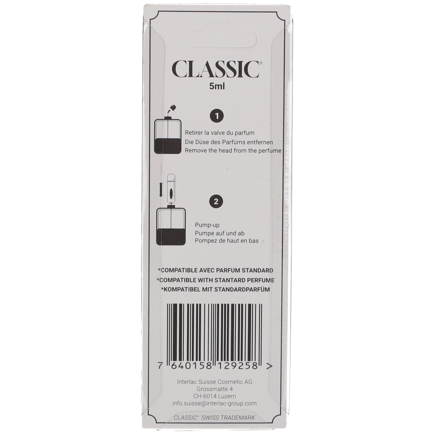 Dos de l'emballage du vaporisateur CLASSIC. Instructions de remplissage. Compatible avec parfum standard. Code-barres et informations.
