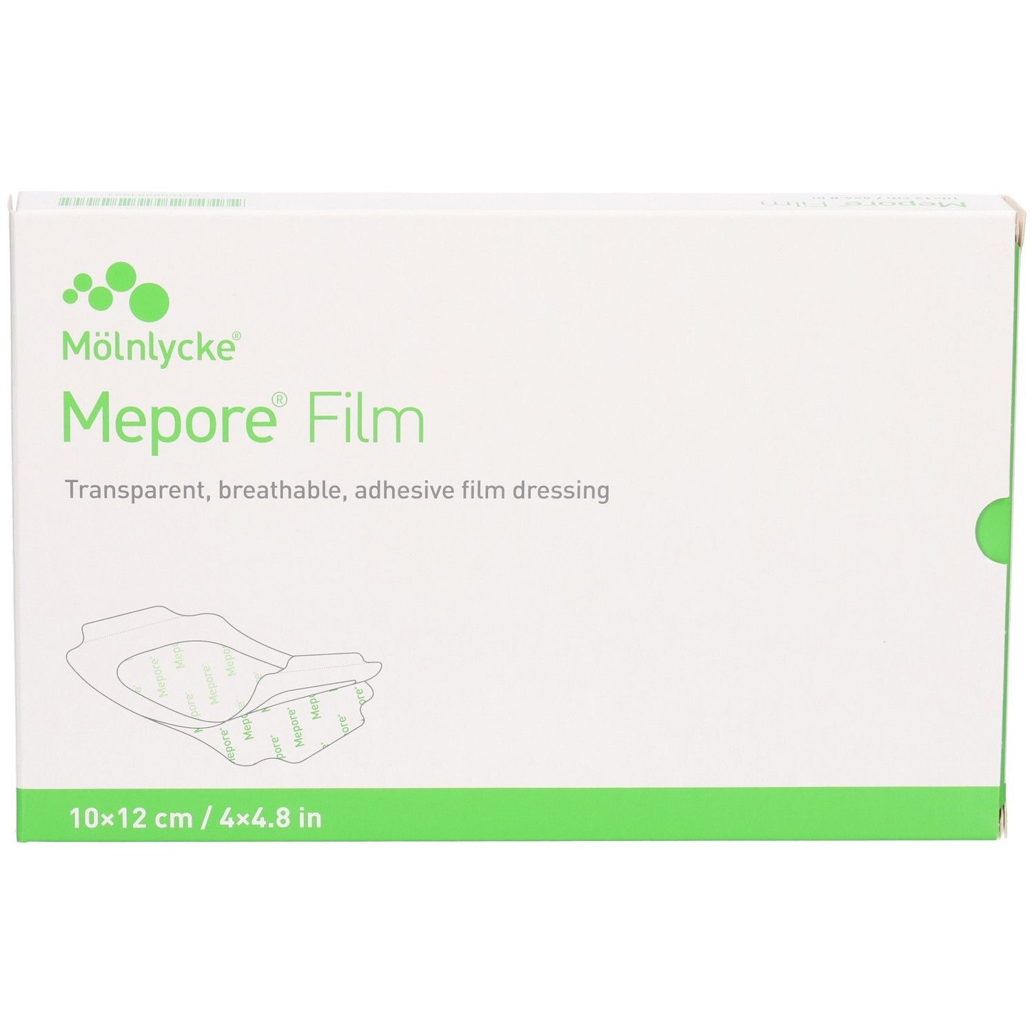 Emballage Mölnlycke Mepore Film, face avant, pansement film transparent, respirant, adhésif, 10x12 cm.