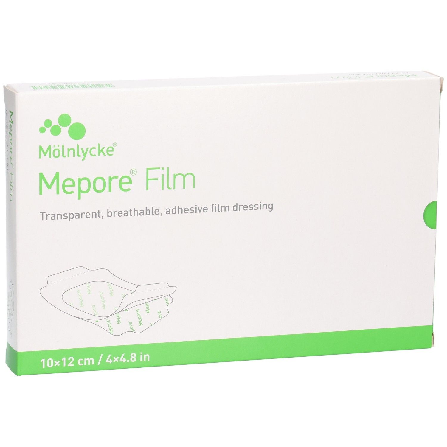 Emballage Mölnlycke Mepore Film, face avant, pansement film transparent, respirant, adhésif, 10x12 cm.