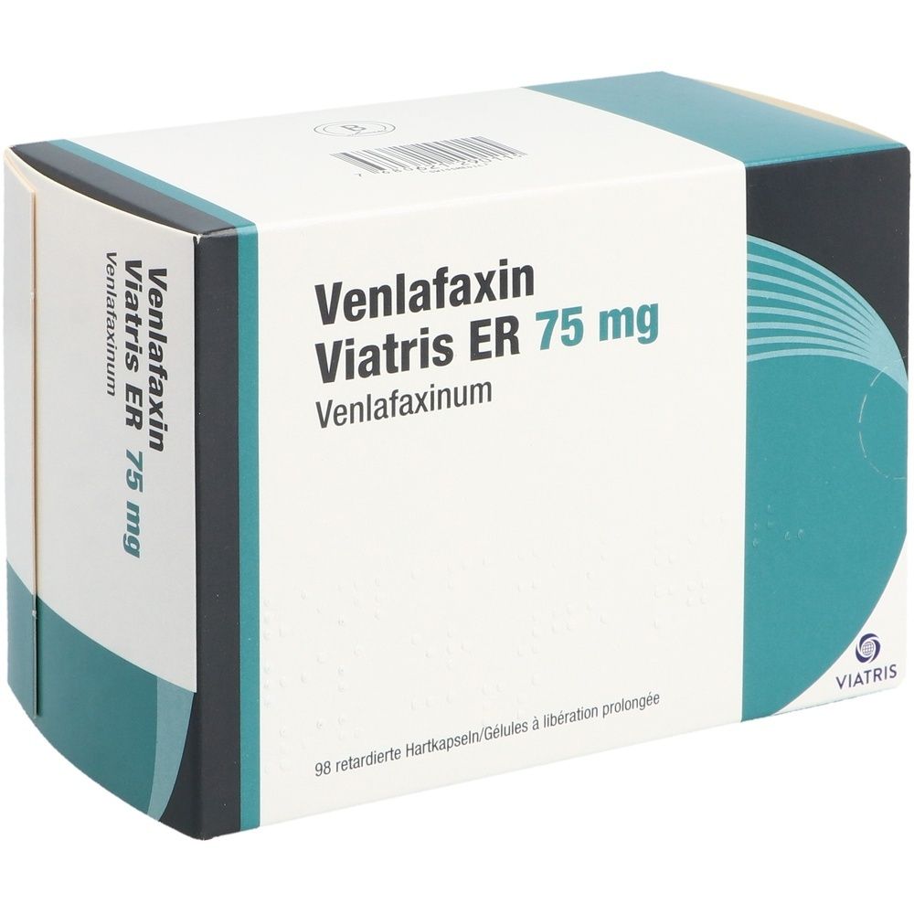 Boîte de Venlafaxin Viatris ER 75 mg. Inscription: Venlafaxin, Viatris, 98 gélules à libération prolongée. Logo Viatris.