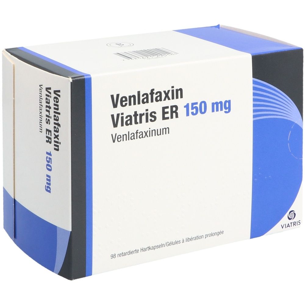 Boîte de Venlafaxin Viatris ER 150 mg. Inscriptions : Venlafaxin, Viatris ER 150 mg, Venlafaxinum. 98 gélules à libération prolongée.