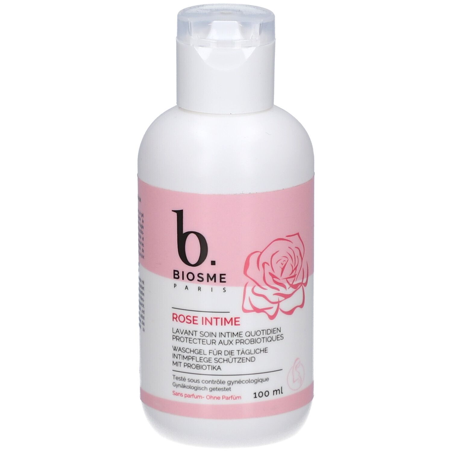 Flacon blanc et rose avec bouchon rabattable. Étiquette avec logo de la marque, nom du produit et image de rose. Texte en allemand, français et anglais.