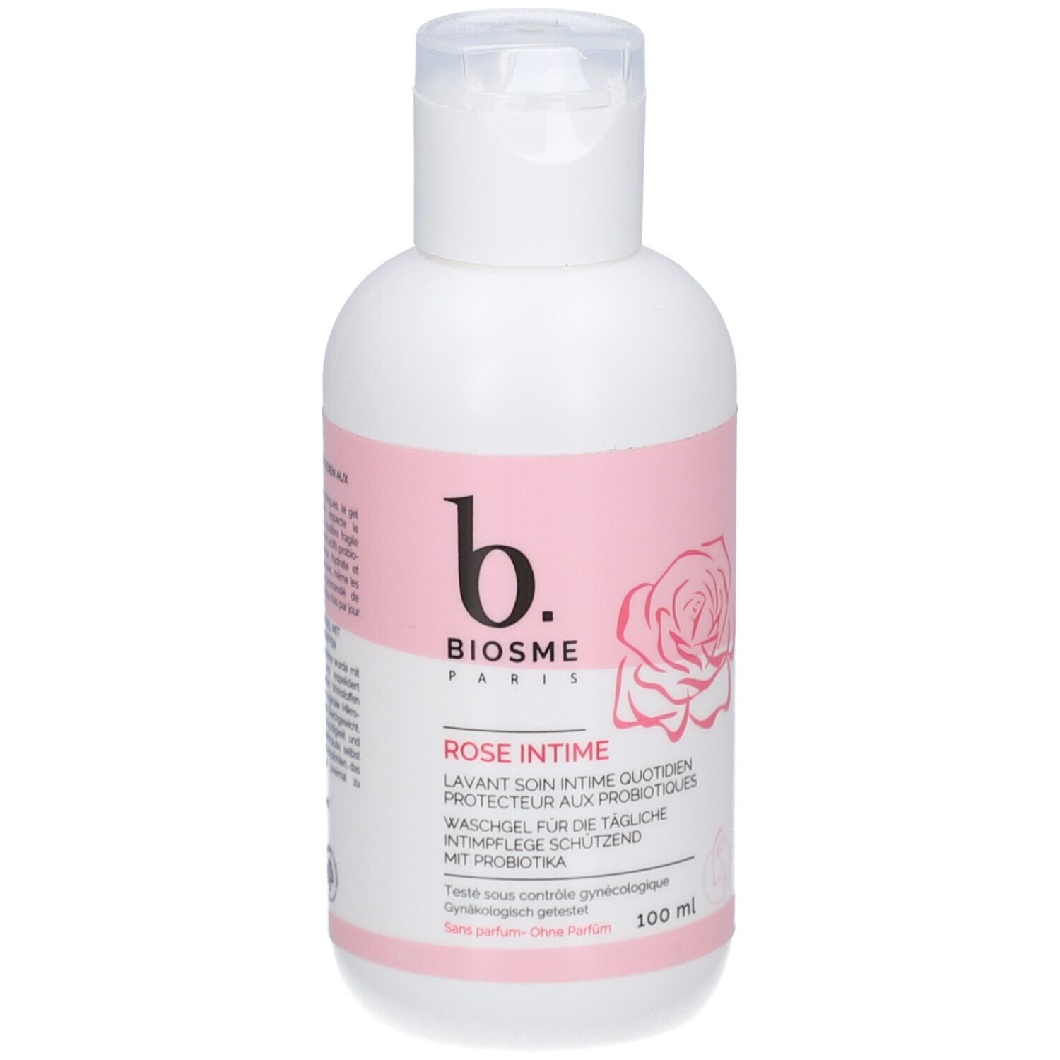 Flacon blanc et rose avec bouchon rabattable. Étiquette avec logo de la marque, nom du produit et image de rose. Texte en allemand, français et anglais.