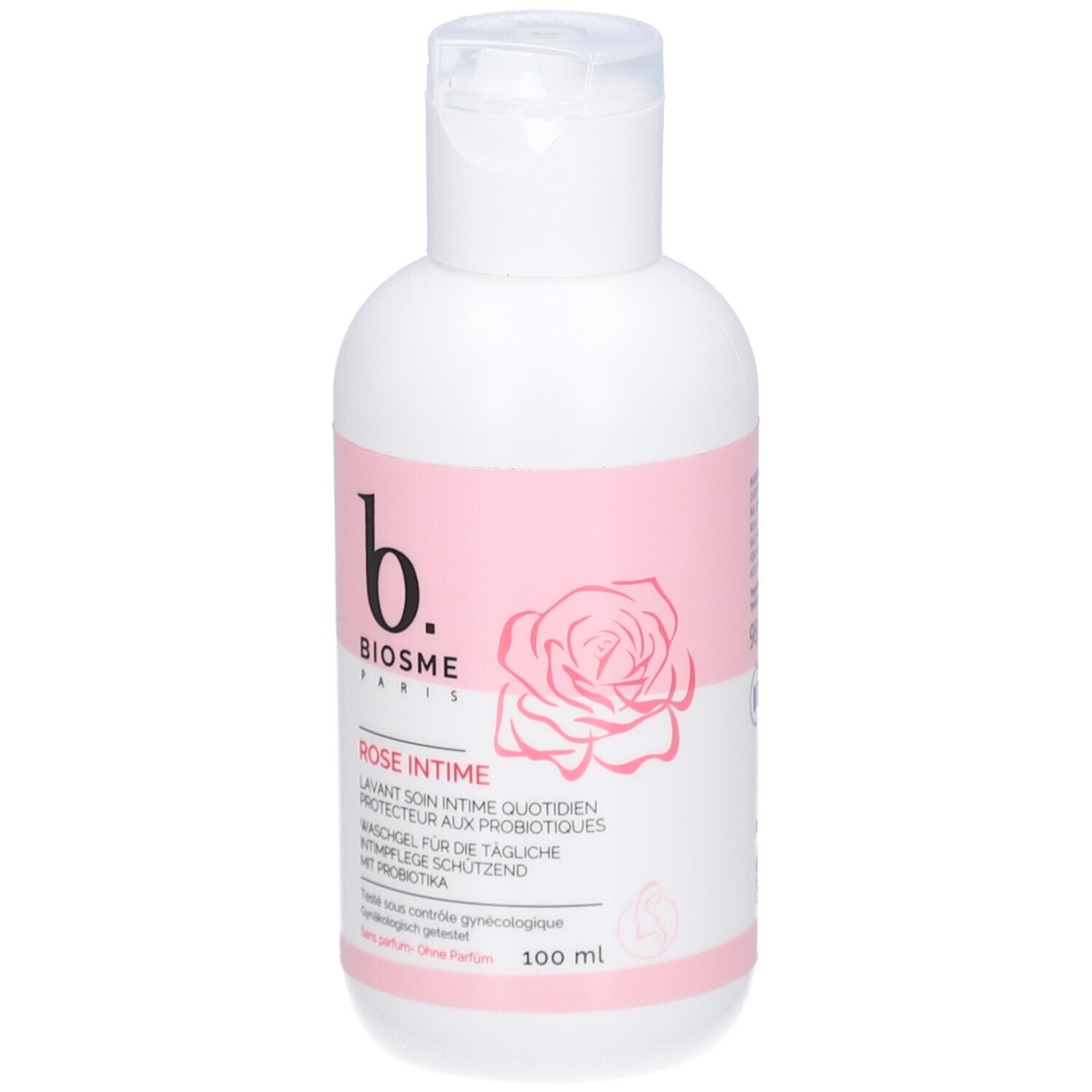 Flacon blanc et rose avec bouchon rabattable. Étiquette avec logo de la marque, nom du produit et image de rose. Texte en allemand, français et anglais.