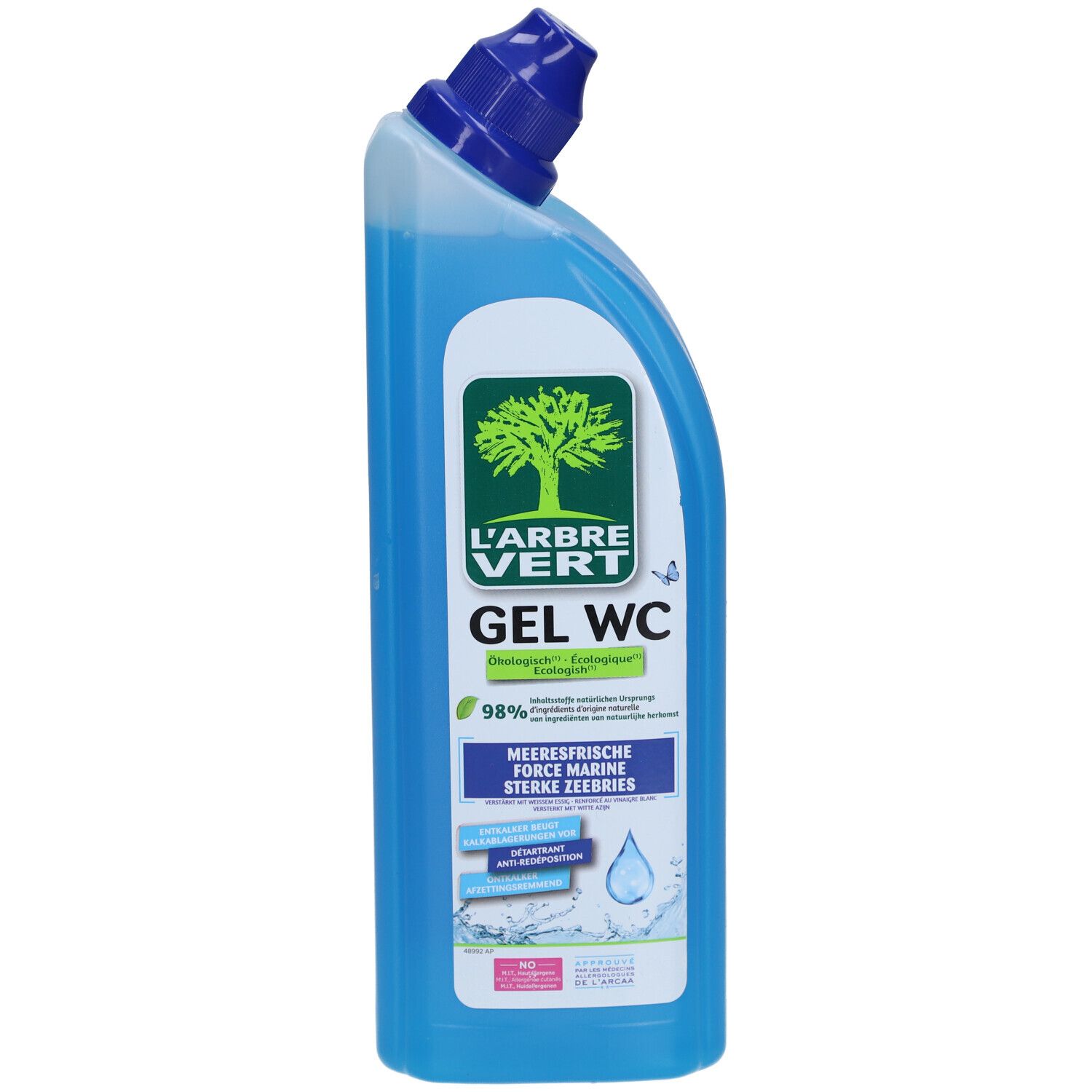 Blaue WC-Gel-Flasche mit blauem Deckel. Logo: Baum. Text: GEL WC, Meeresfrische, Ökologisch. Zertifizierung.