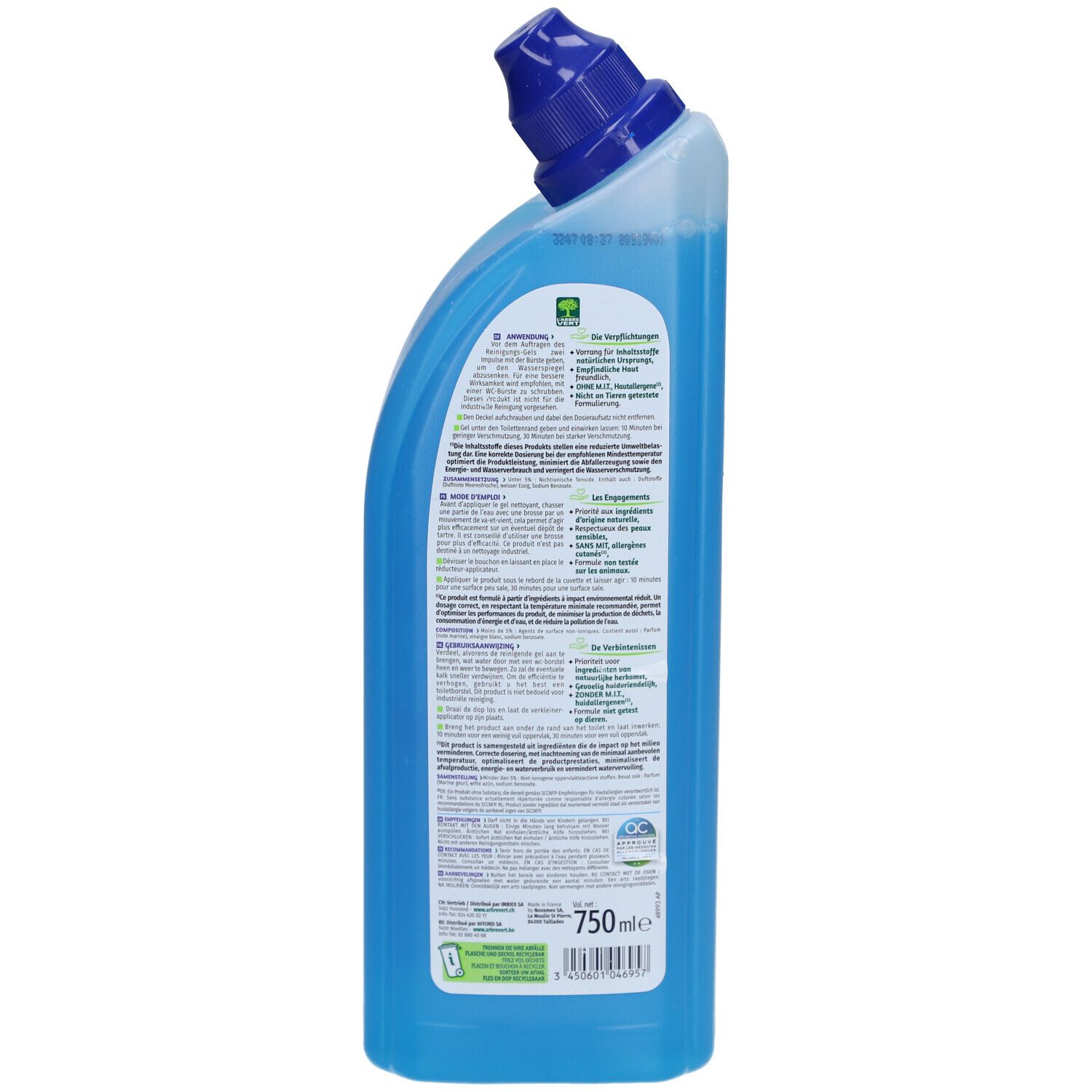 Rückseite der blauen WC-Gel-Flasche. Text und Logos. Zertifizierungen und Informationen zum Produkt.