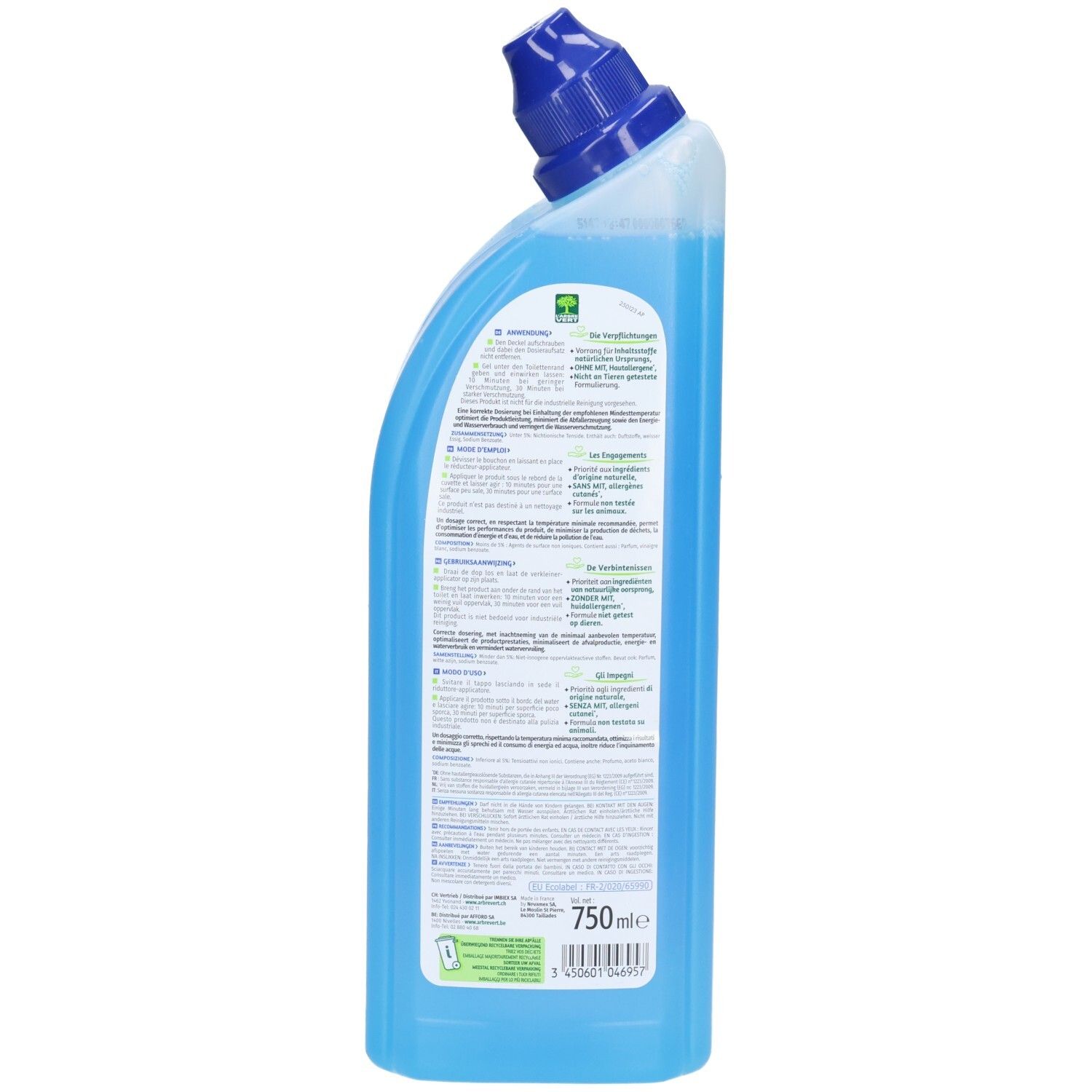 Dos du flacon de gel WC. Texte multilingue. Volume : 750 ml.