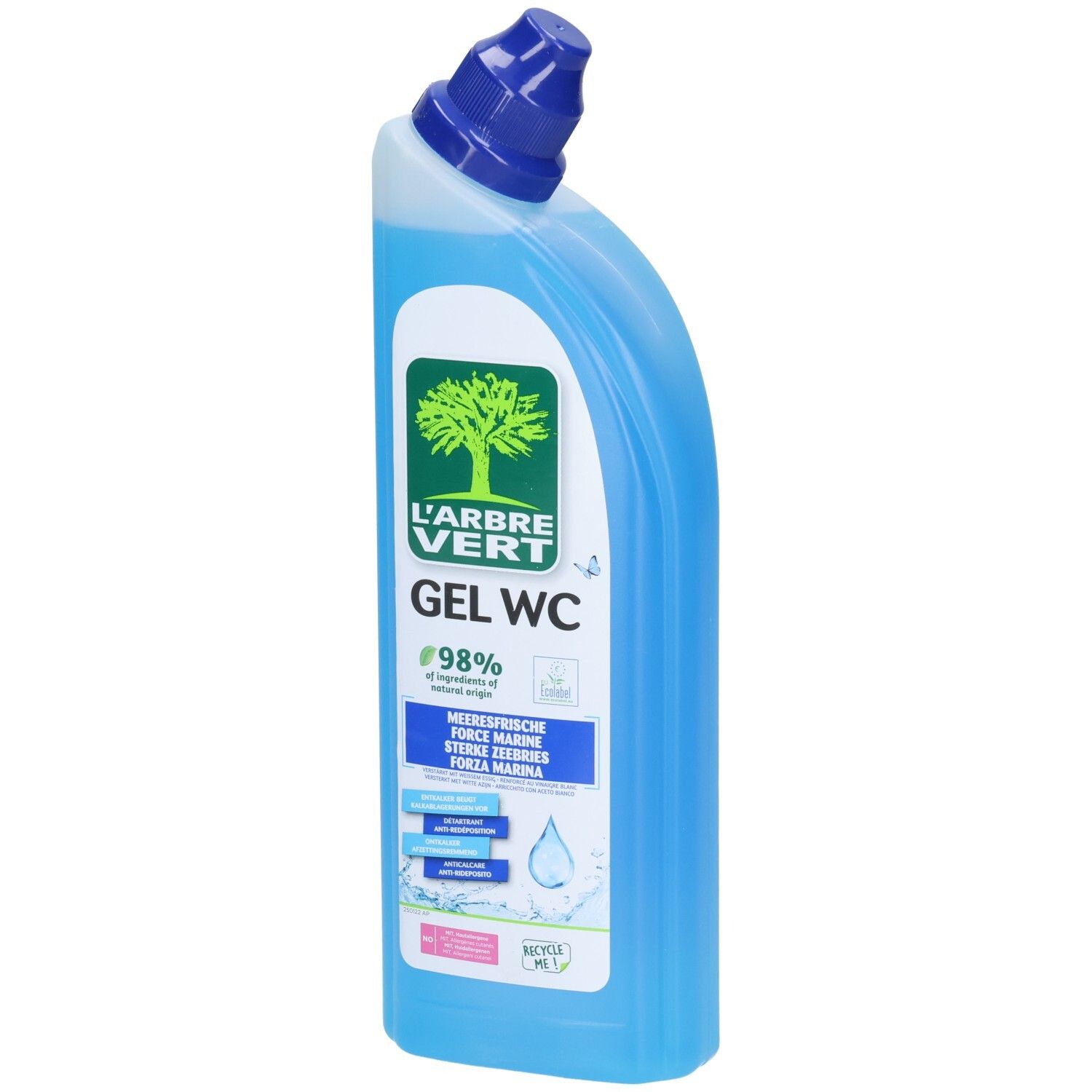 Gel WC bleu L'Arbre Vert, parfum marin. Flacon en plastique. Ingrédients d'origine naturelle.