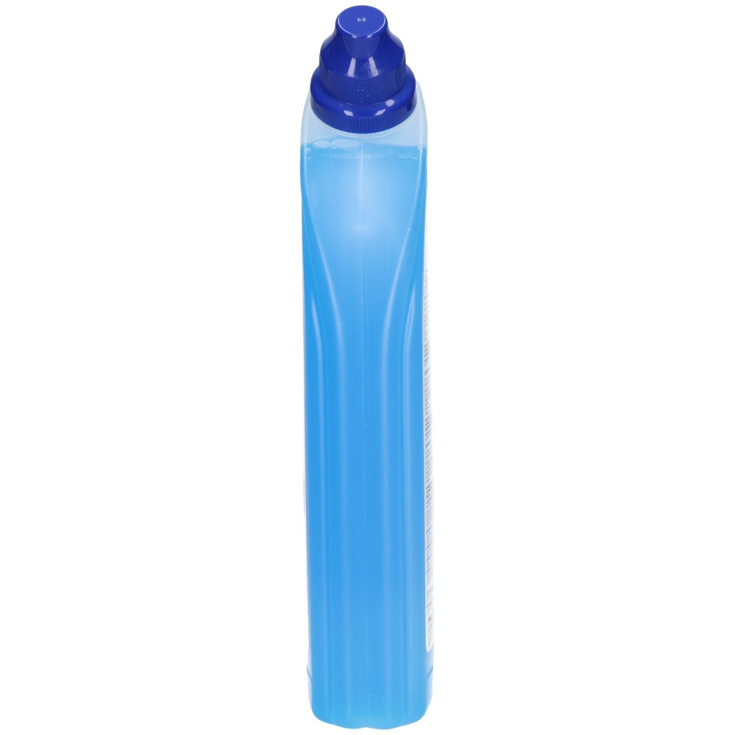 Flacon de gel WC bleu. Forme élancée, bouchon bleu. Nom du produit non visible.