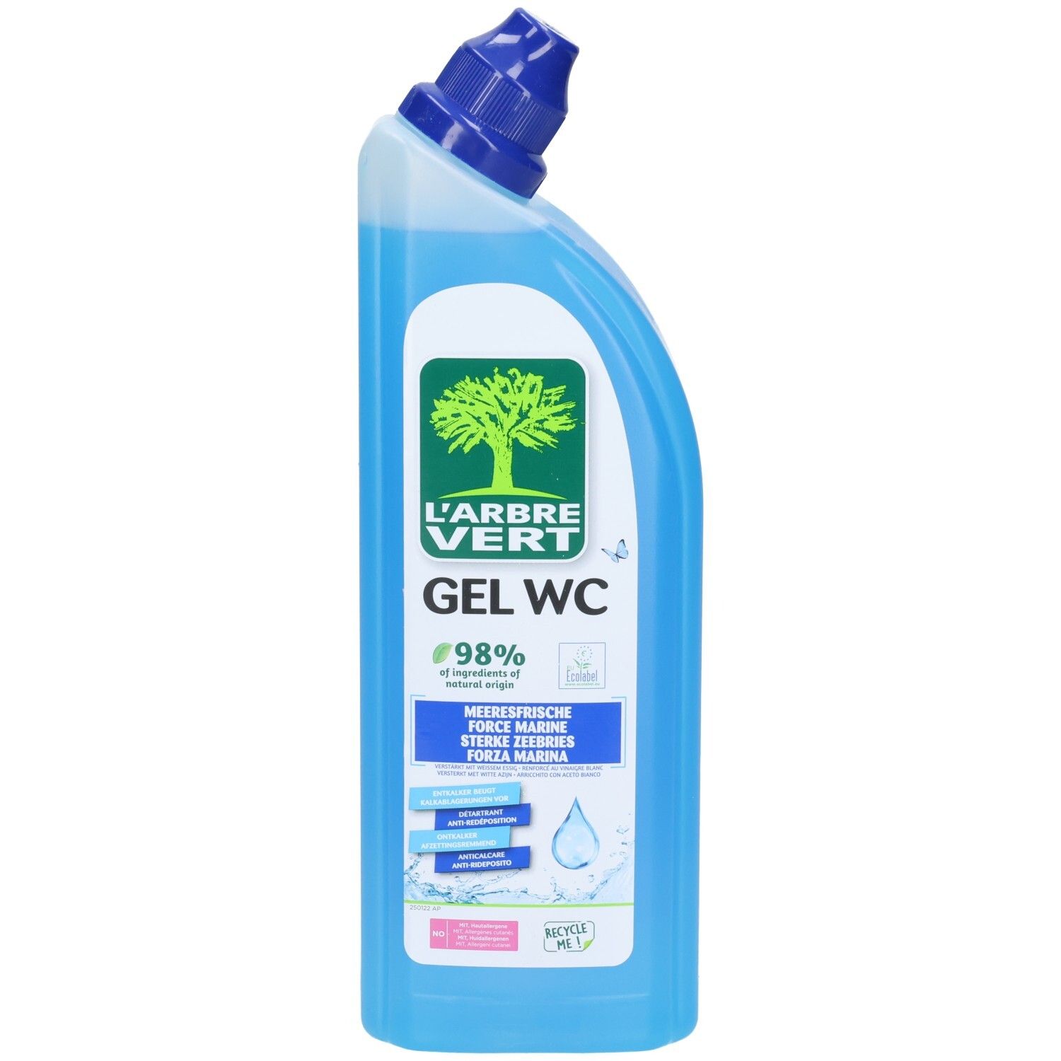 Gel WC bleu L'Arbre Vert, parfum marin. Flacon en plastique. Ingrédients d'origine naturelle.