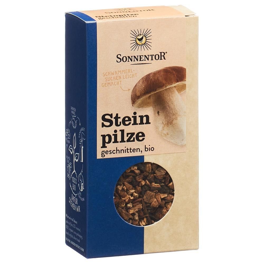 SONNENTOR Steinpilze geschnitten, bio. Kartonverpackung mit Pilzabbildung und Sichtfenster.