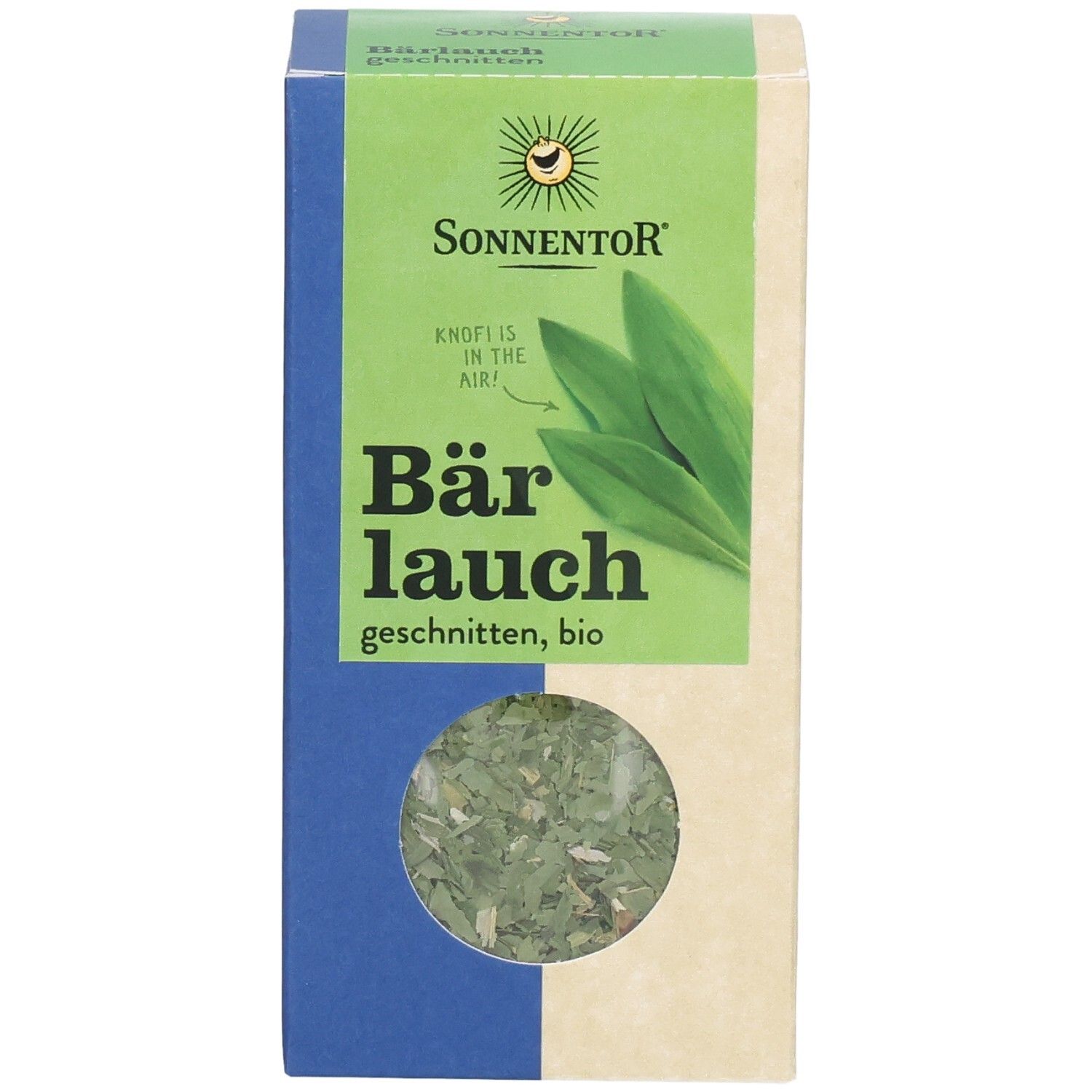 SonnenTor Bärlauch geschnitten, bio. Vorderseite der Verpackung mit Kräutern und Logo.