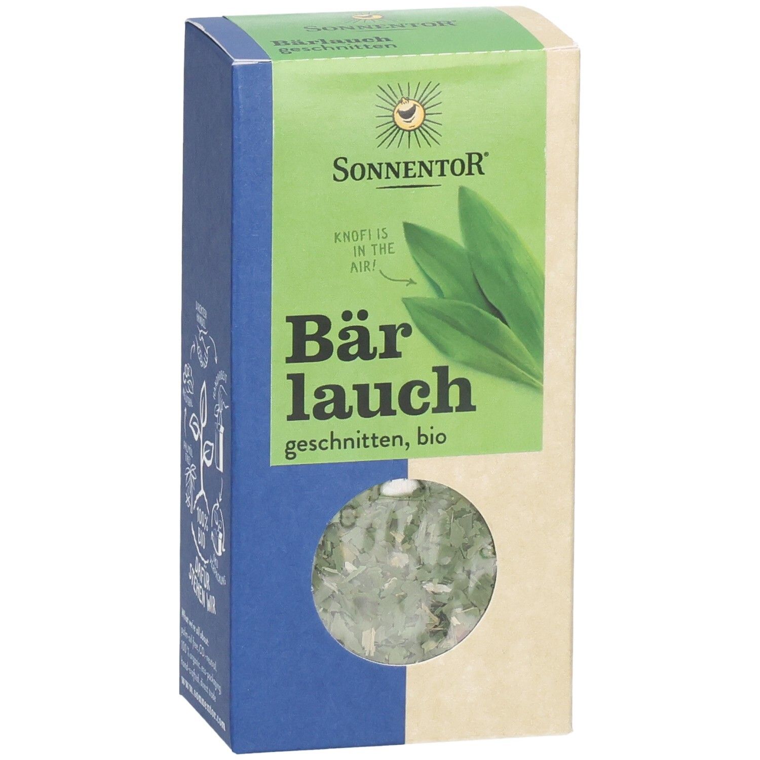 SonnenTor Bärlauch geschnitten, bio. Verpackung mit Sichtfenster zeigt getrocknete Kräuter.