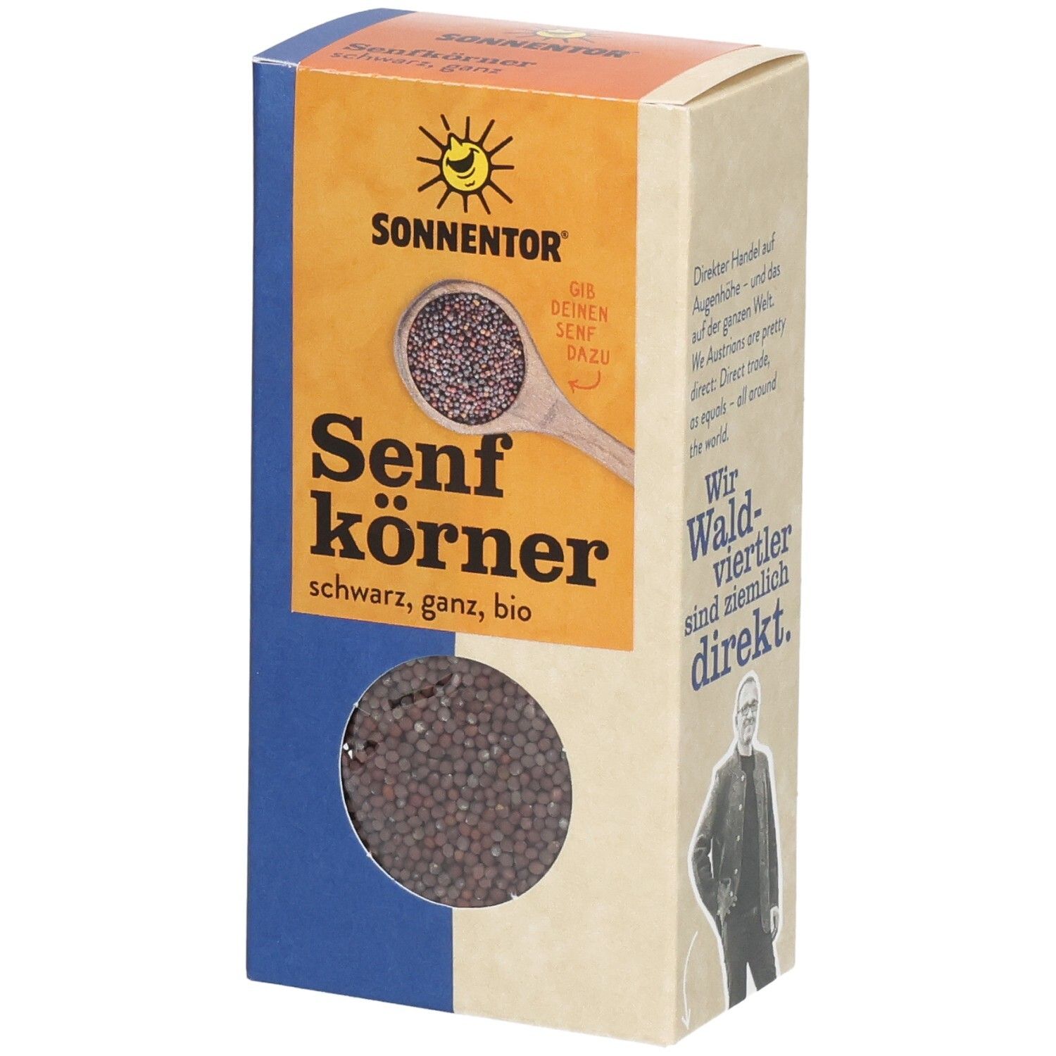 SONNENTOR Senfkörner schwarz, ganz, bio in Pappverpackung mit Sichtfenster.