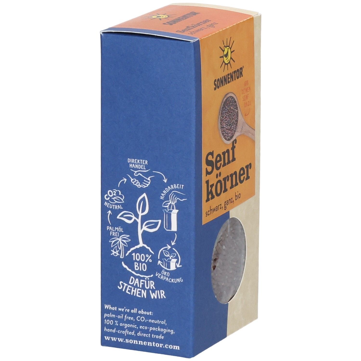 SONNENTOR Senfkörner schwarz, bio: Seitenansicht der Verpackung mit Bio-Siegeln und Text.