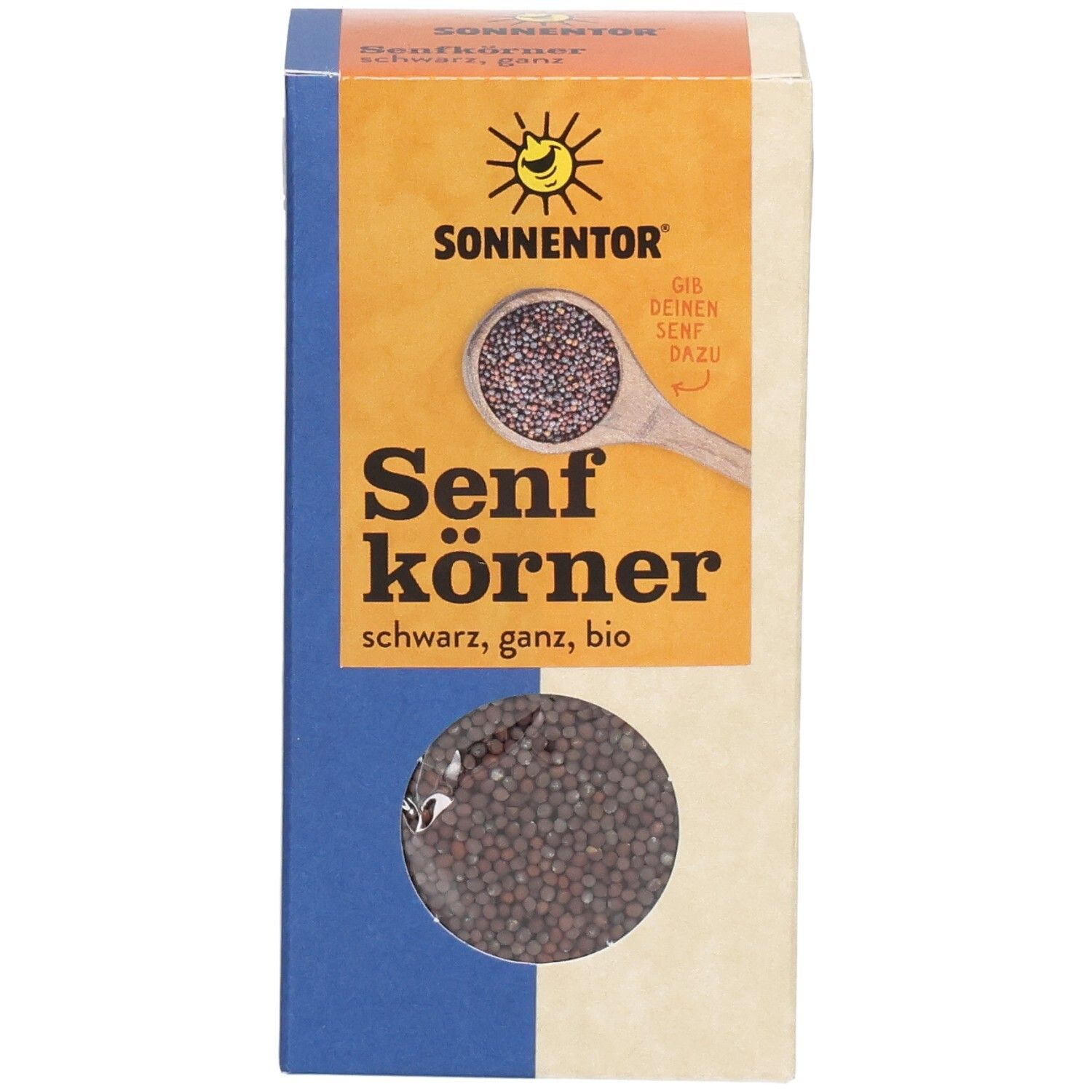 SONNENTOR Senfkörner schwarz, ganz, bio in Pappverpackung mit Sichtfenster.