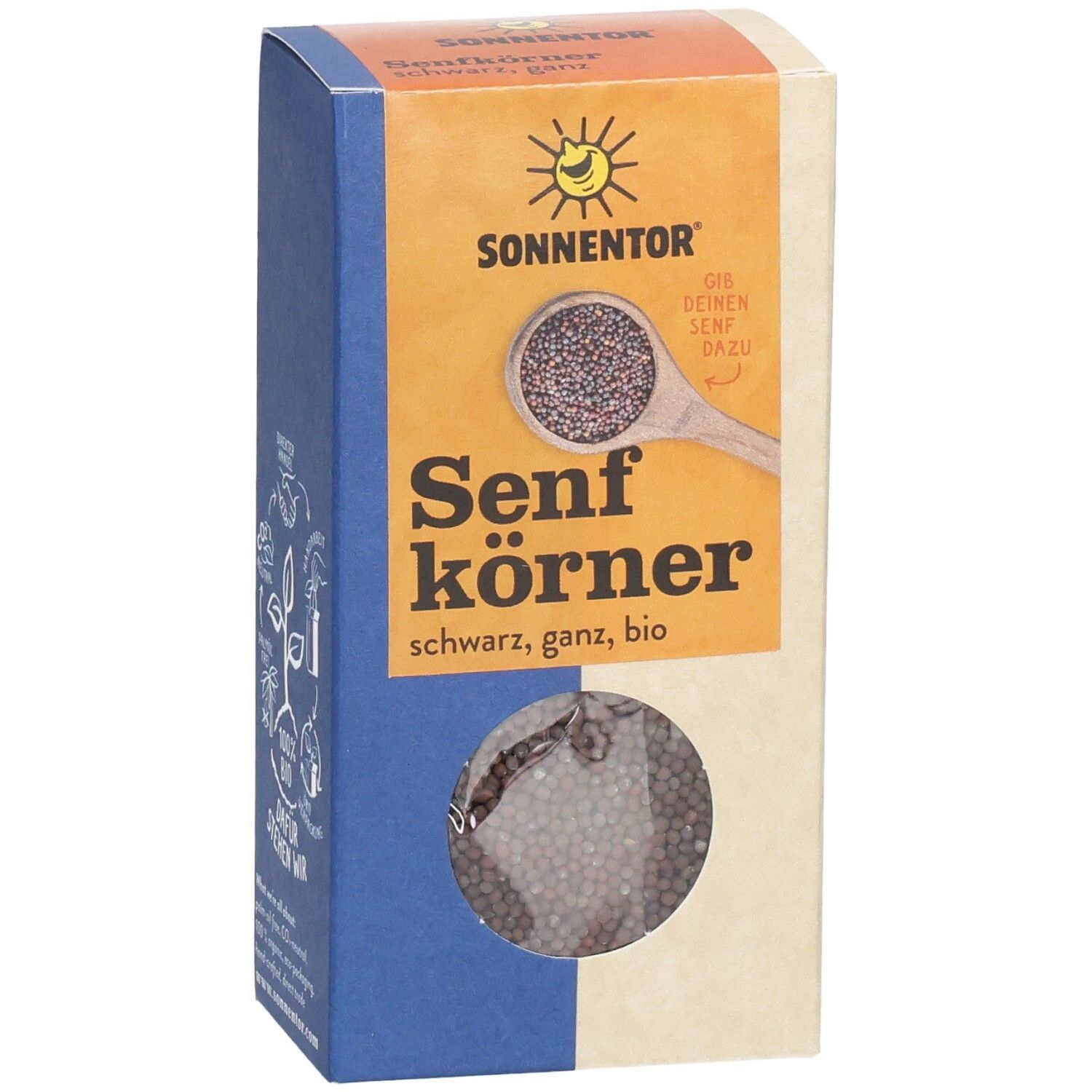 SONNENTOR Senfkörner schwarz, ganz, bio in Pappverpackung mit Sichtfenster.