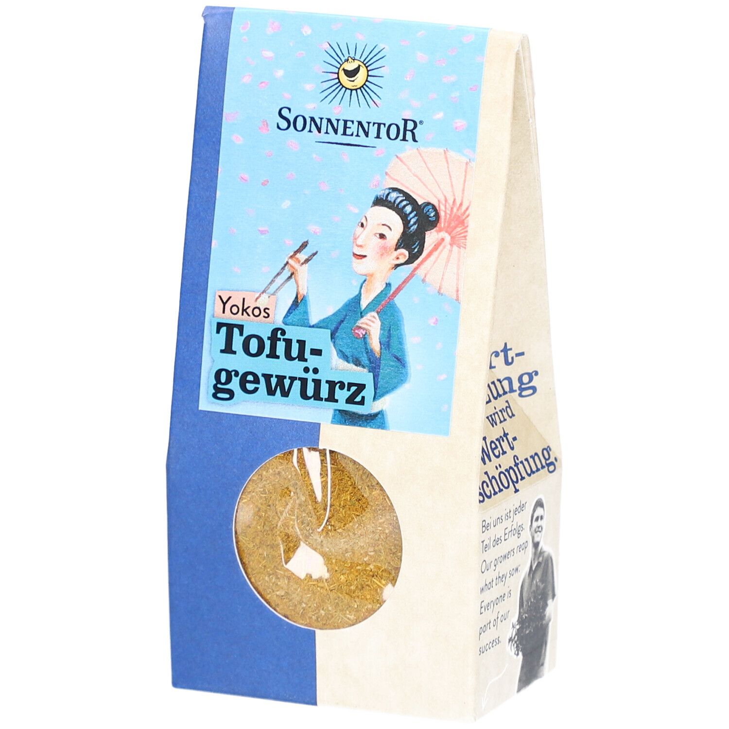 Verpackung von SONNENTOR Yokos Tofugewürz. Sichtfenster zeigt Gewürzmischung. Illustration einer Frau mit Stäbchen und Schirm.
