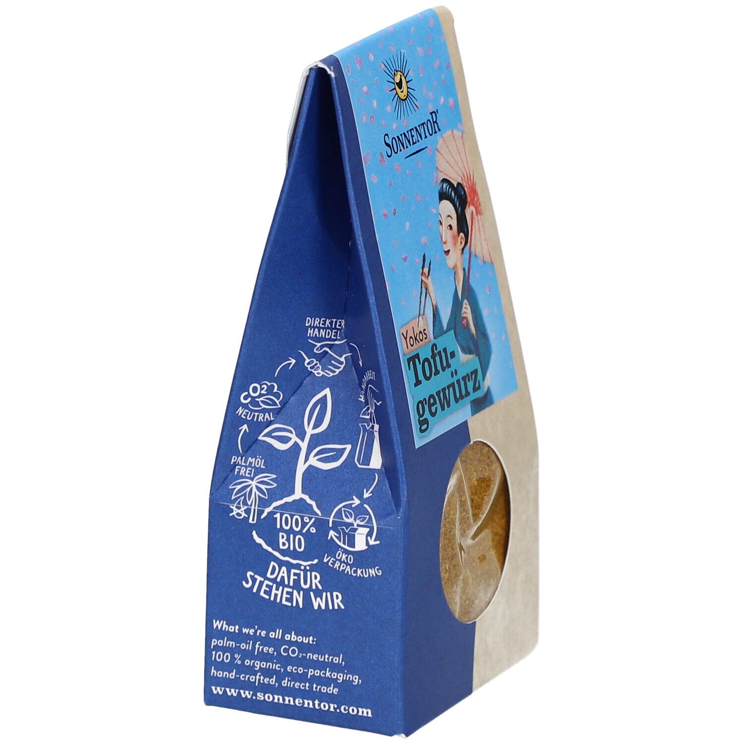 SONNENTOR Yokos Tofugewürz Verpackung. Blaue Seite mit Logos und Text. 100% BIO, CO2-neutral, palmölfrei. Illustration einer Frau mit Schirm.