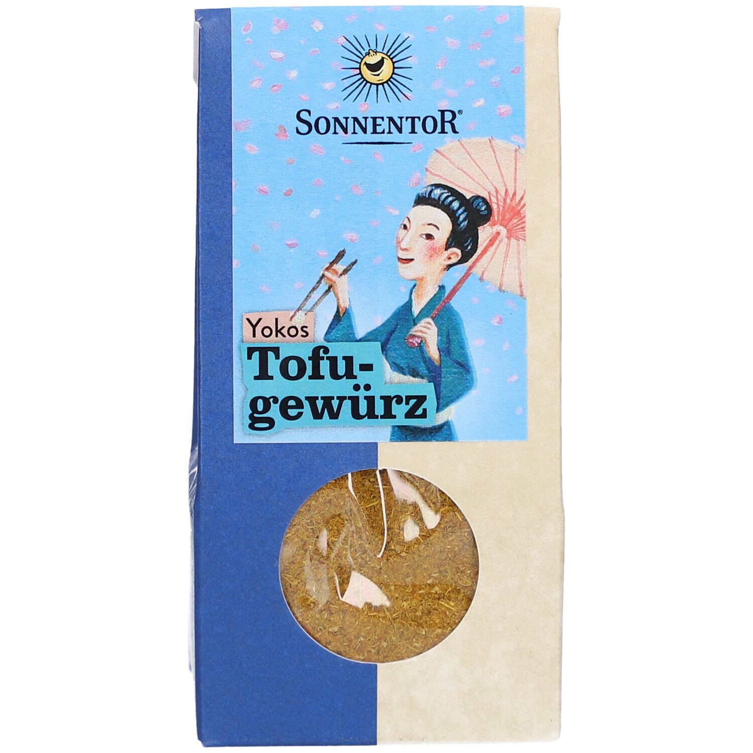 SONNENTOR Yokos Tofugewürz Verpackung. Vorderseite mit Produktnamen und Illustration einer Frau mit Stäbchen und Schirm. Sichtfenster.