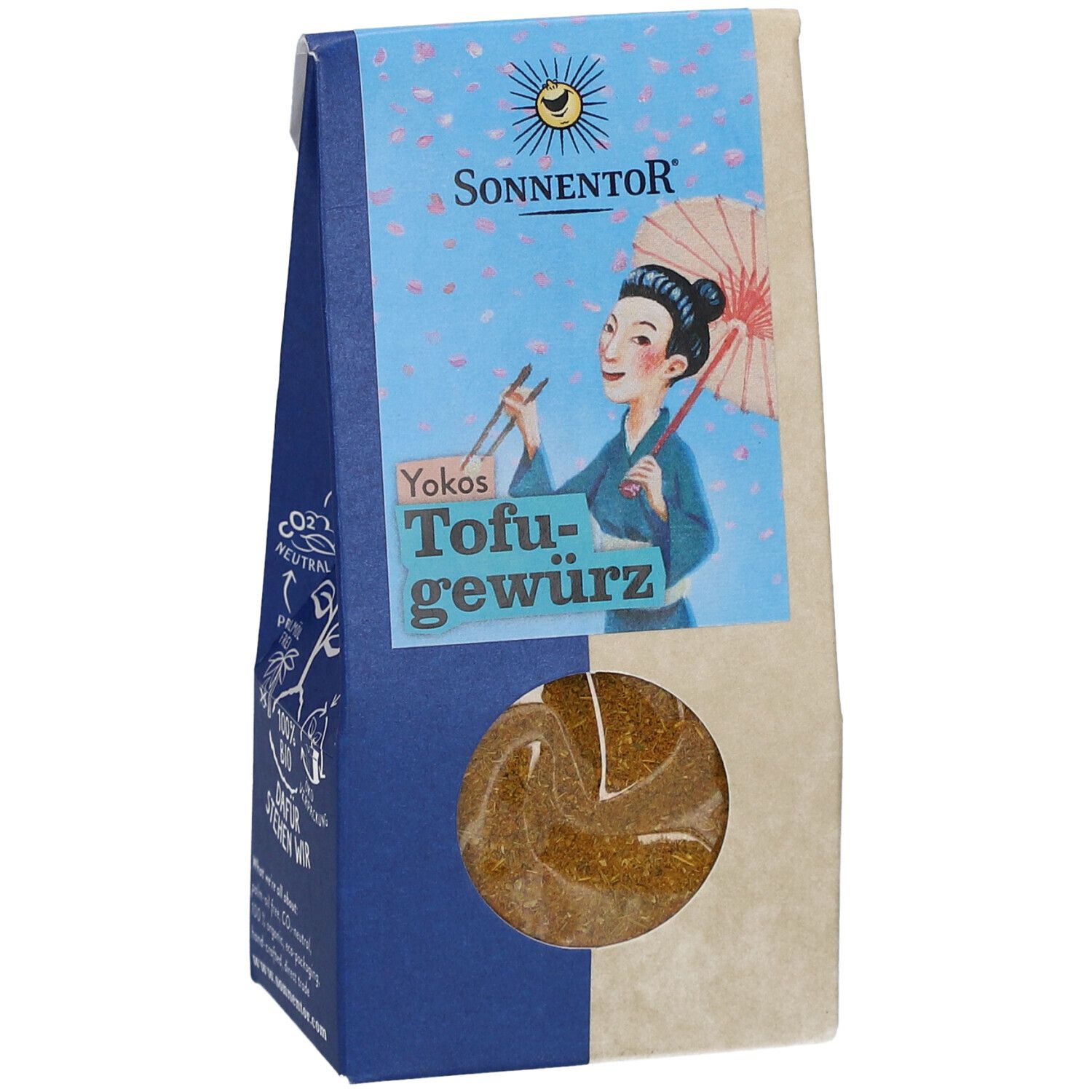 SONNENTOR Yokos Tofugewürz Verpackung. Vorderseite mit Produktnamen und Illustration einer Frau mit Stäbchen und Schirm. Sichtfenster mit Gewürzmischung.