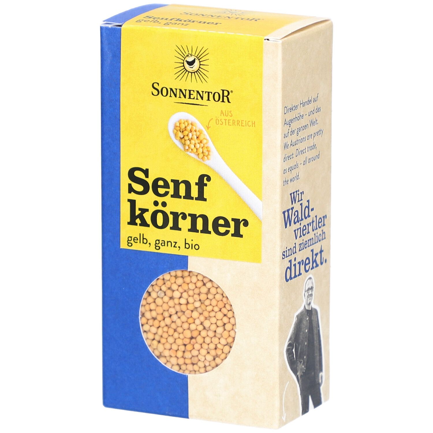 Boîte de graines de moutarde. Inscription : SONNENTOR Senfkörner gelb ganz BIO. Fenêtre avec graines de moutarde.