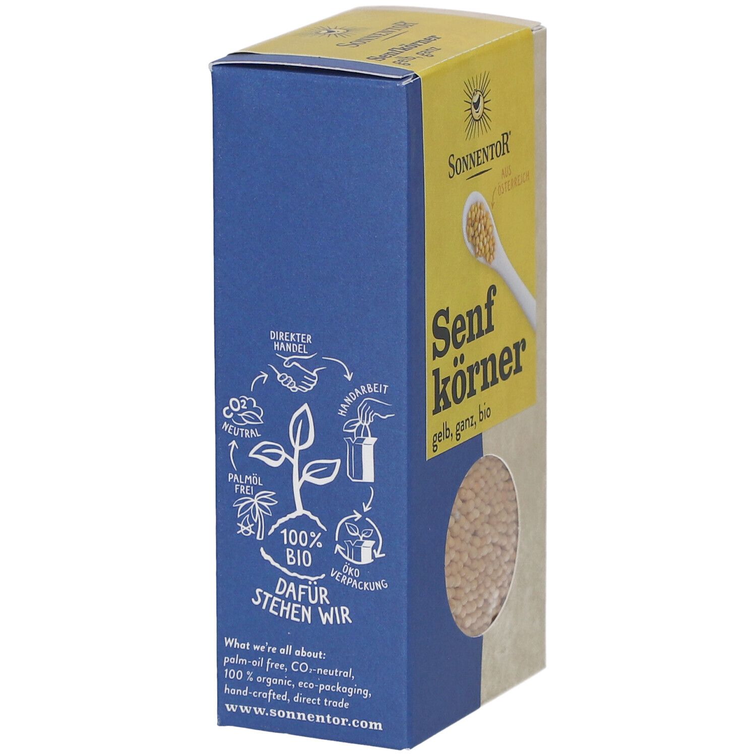 Boîte de graines de moutarde. Inscription : SONNENTOR Senfkörner gelb ganz BIO. Couleurs bleu et beige. Logos.