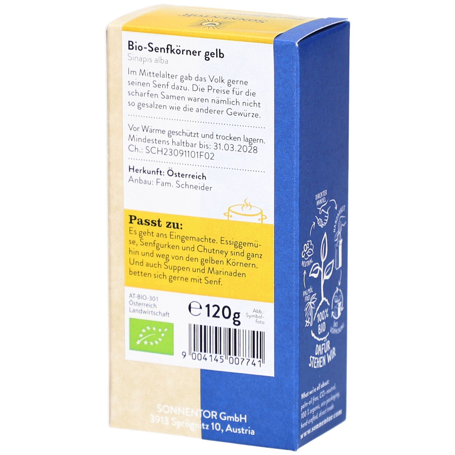 Dos de l'emballage des graines de moutarde. Informations textuelles, ingrédients, date limite, label bio, 120g.