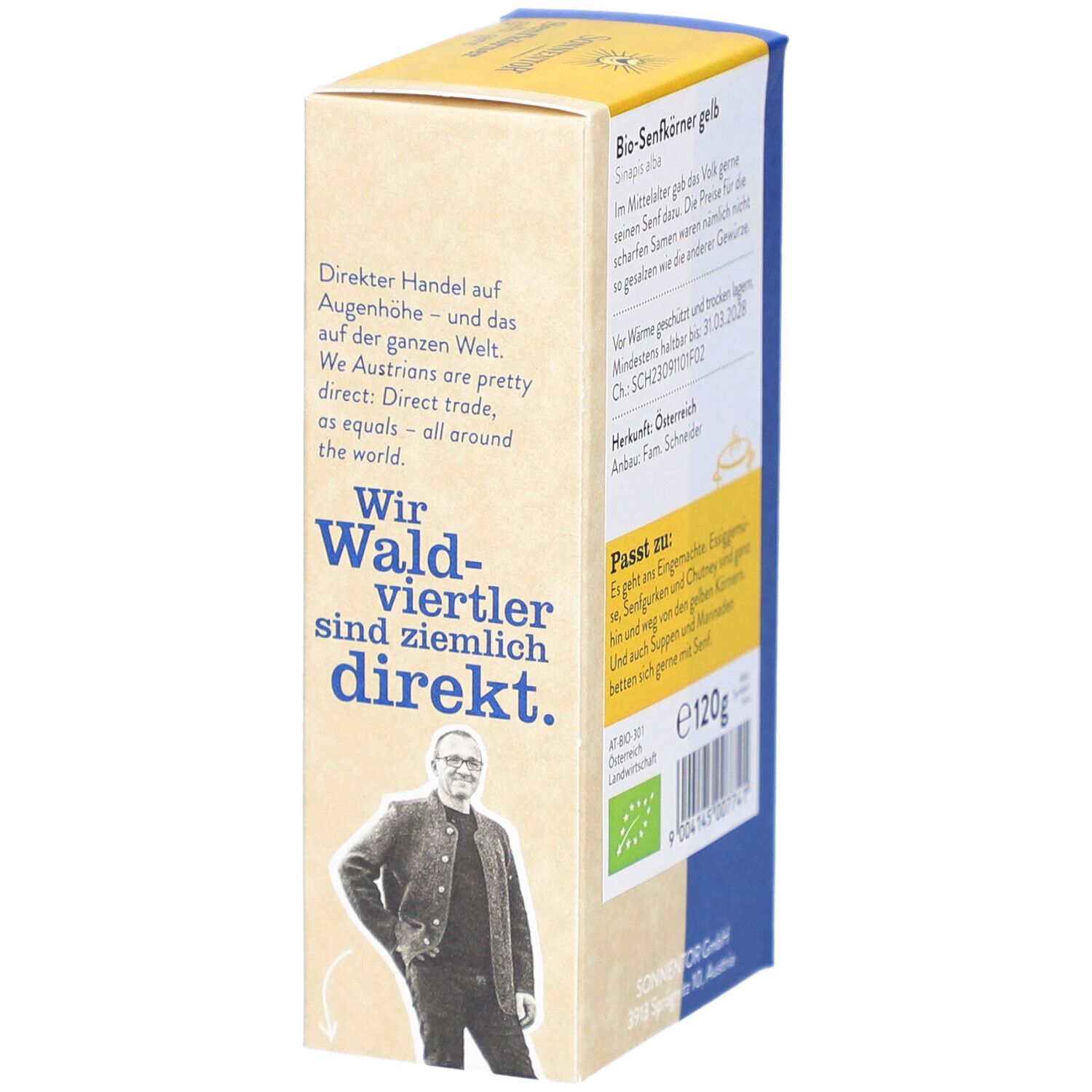 Côté de l'emballage des graines de moutarde. Informations textuelles, label bio, 120g. Image d'une personne.