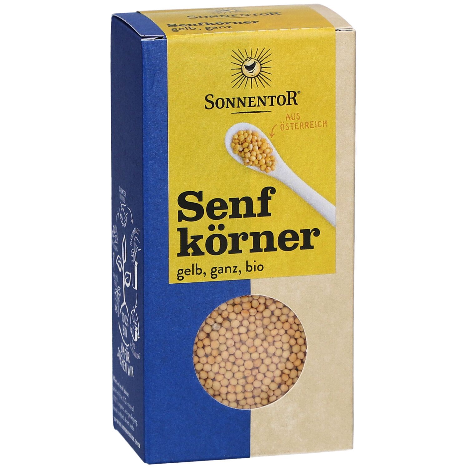 Boîte de graines de moutarde. Inscription : SONNENTOR Senfkörner gelb ganz BIO. Fenêtre avec graines de moutarde.