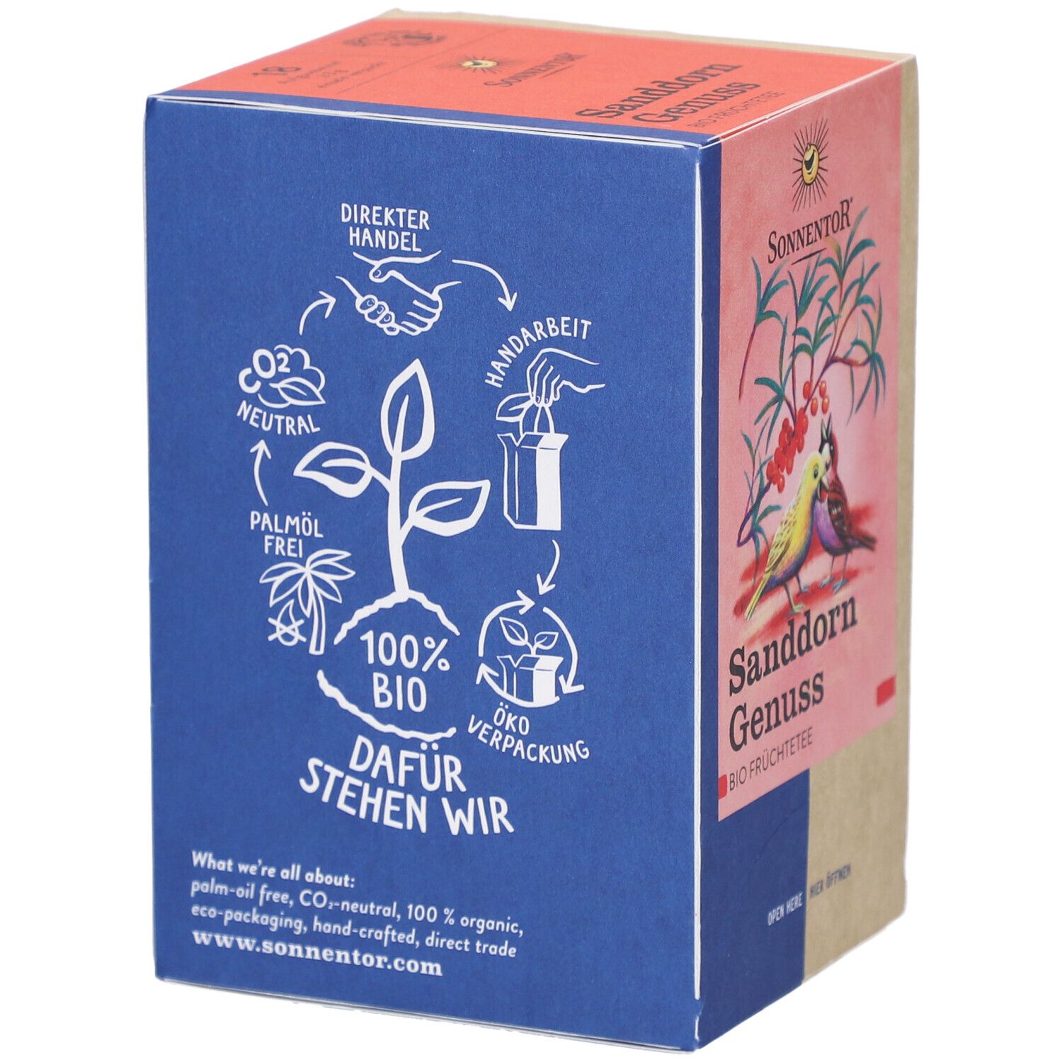 Dos de la boîte de thé. Illustrations sur commerce direct, neutre en CO2, sans huile de palme, 100% BIO, emballage écologique.