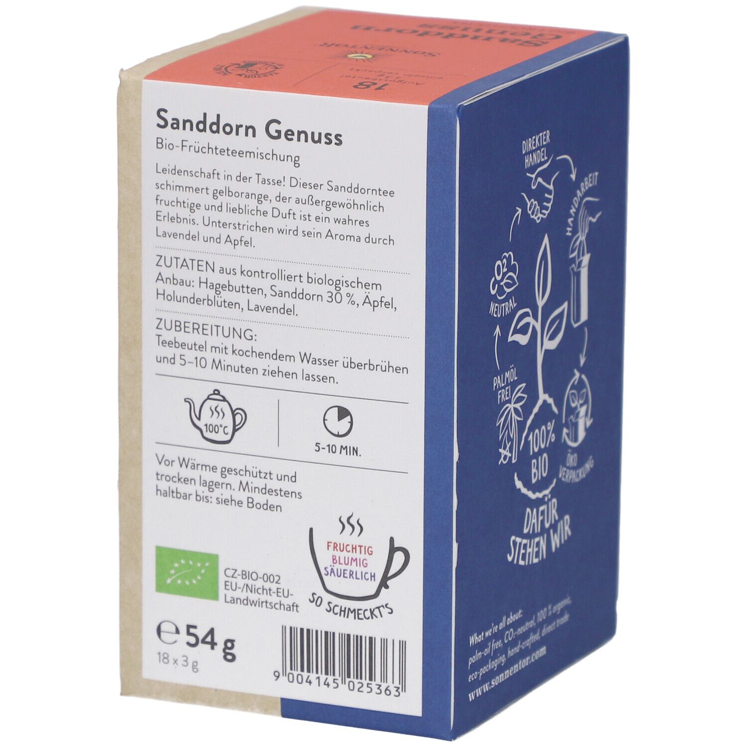 Dos de la boîte de thé avec liste des ingrédients, instructions de préparation et label BIO. Poids : 54g (18x3g).