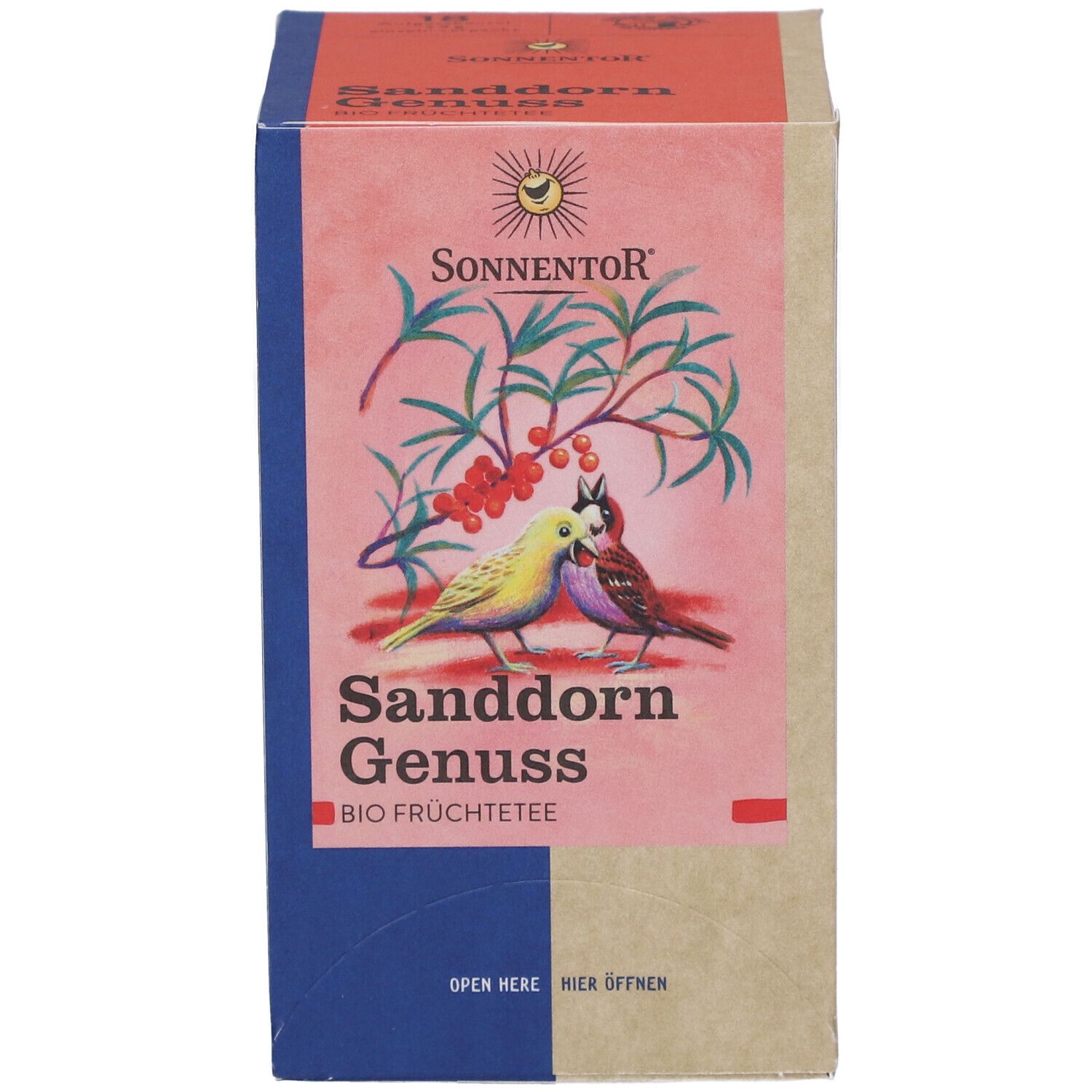 Face avant de la boîte de thé avec illustration d'oiseaux, nom du produit et label BIO. Forme carrée.