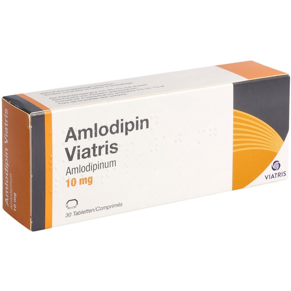 Karton von Amlodipin Viatris, 10 mg, 30 Tabletten. Weiß, orangefarbene Akzente. Schriftzug: Amlodipin Viatris, 10 mg, Viatris Logo.