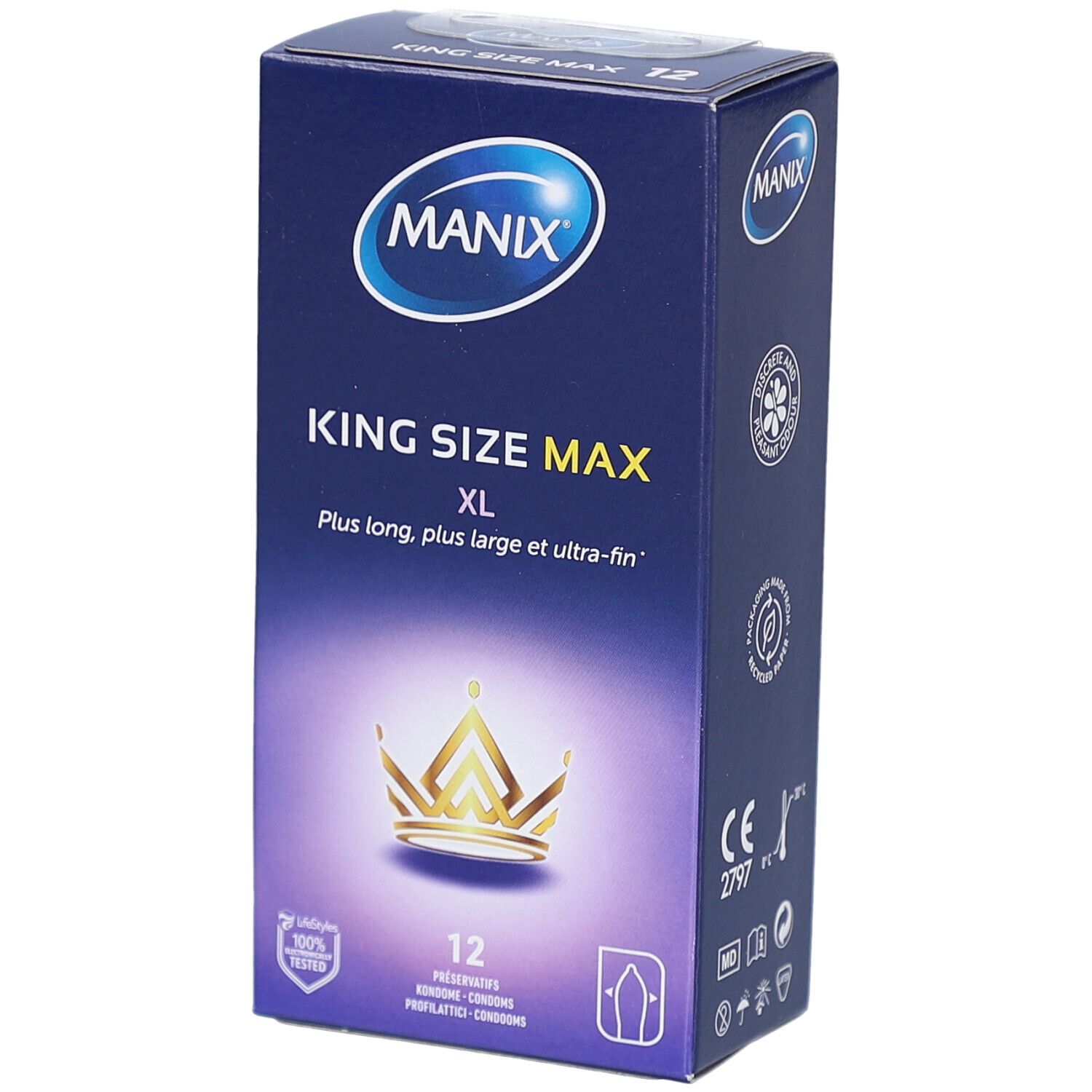 Schachtel mit MANIX King Size Max XL Kondomen. Enthält 12 Stück. Aufdrucke: Logo, Produktname, Krone, Zertifizierungen.