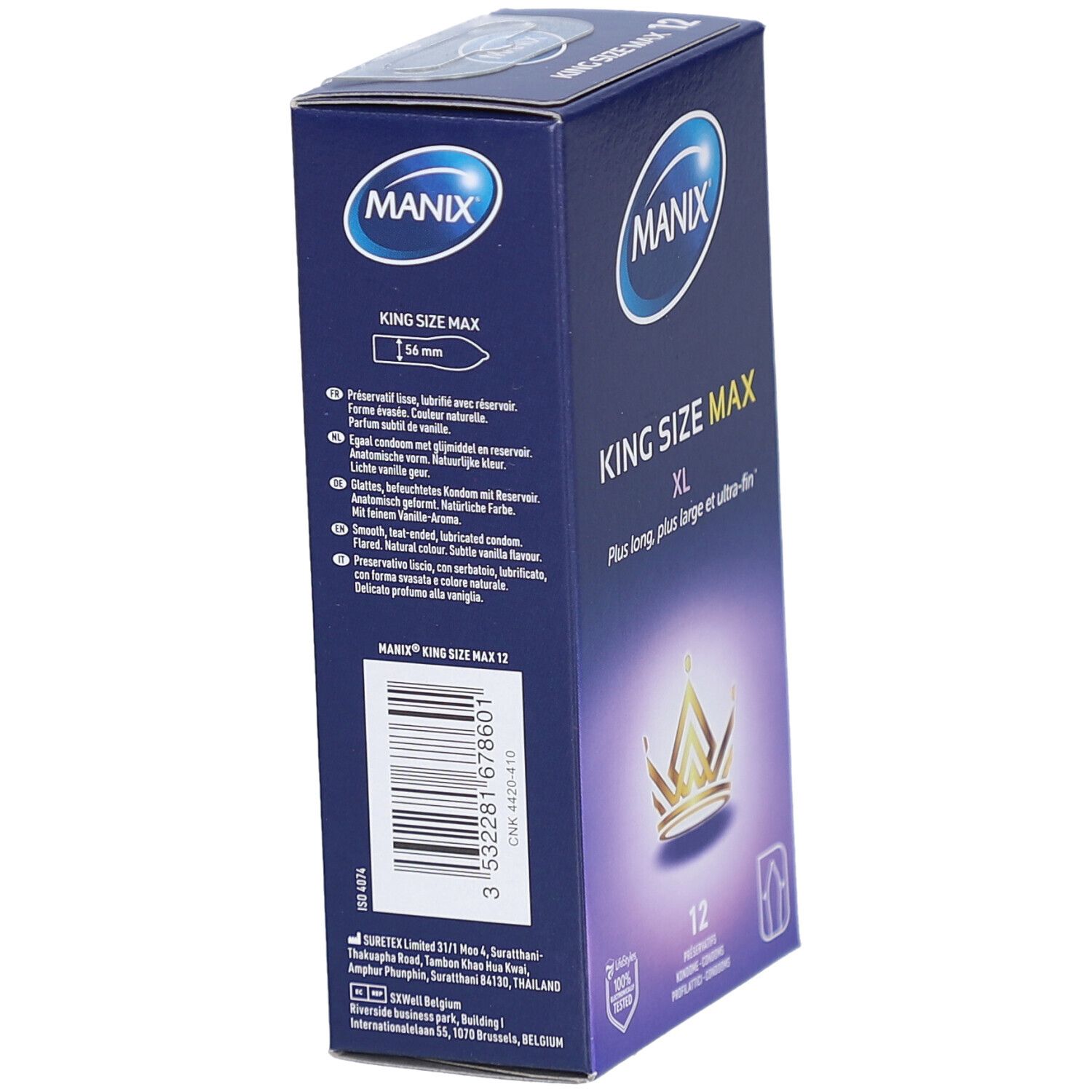 Seitenansicht der Schachtel mit MANIX King Size Max XL Kondomen. Enthält Informationen und Barcode. Logo und Produktname sichtbar.