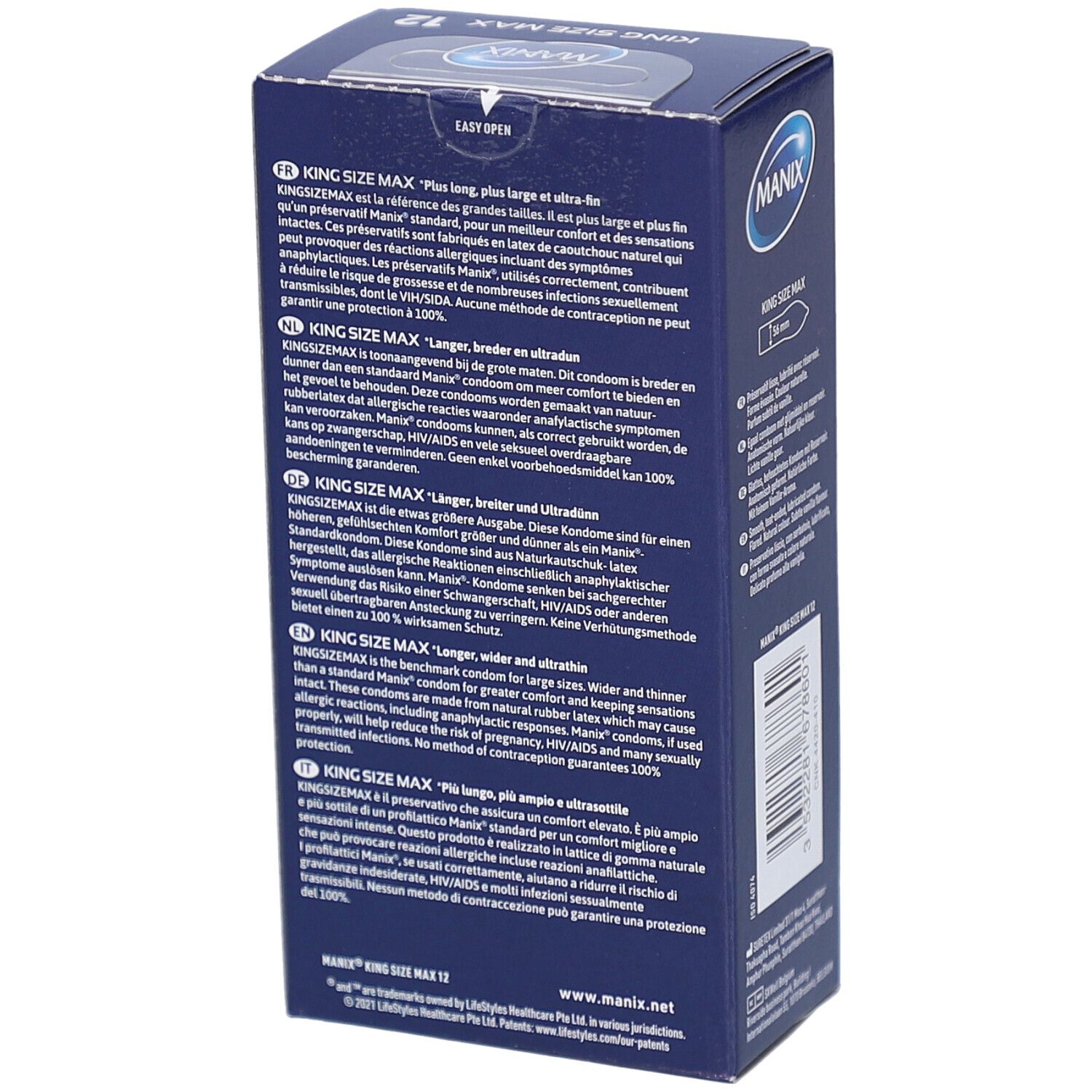 Rückseite der Schachtel mit MANIX King Size Max XL Kondomen. Text in mehreren Sprachen. Produktinformationen und Zertifizierungen.