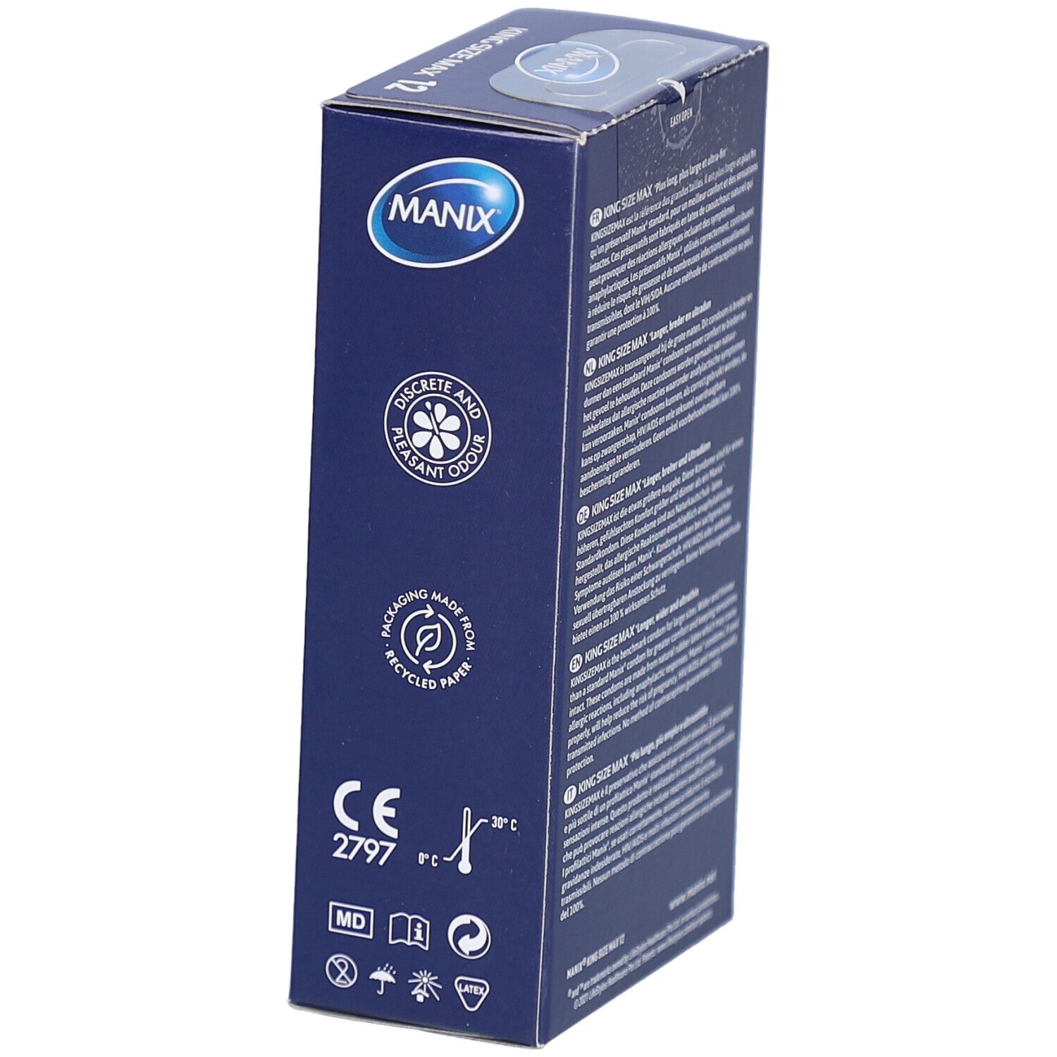 Seite der Schachtel mit MANIX King Size Max XL Kondomen. Logo, Zertifizierungen und Recycling-Symbol. CE-Kennzeichnung.