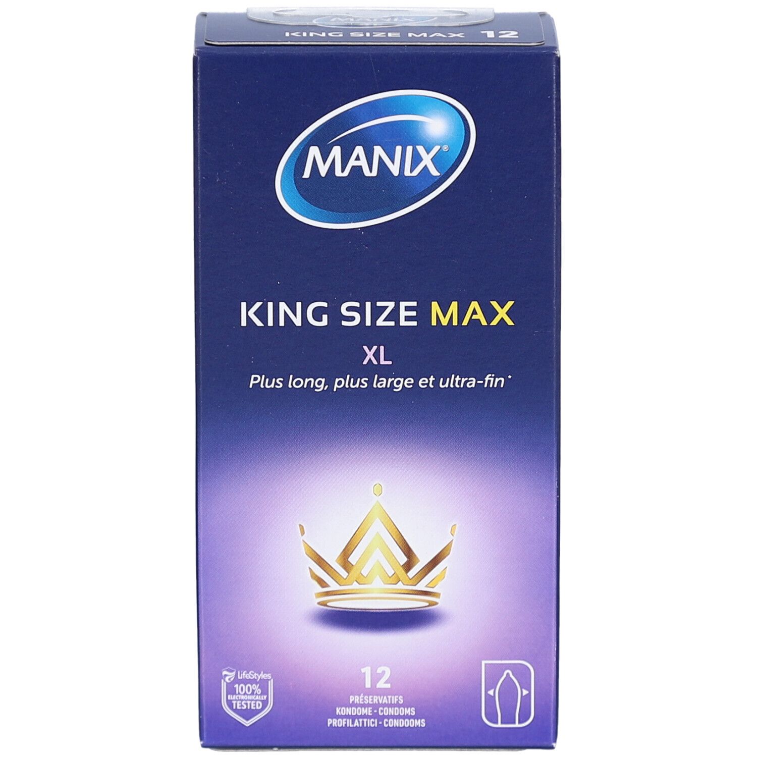 Vorderansicht der Schachtel mit MANIX King Size Max XL Kondomen. Logo, Produktname, Krone und 12 Stück. Zertifizierungen.
