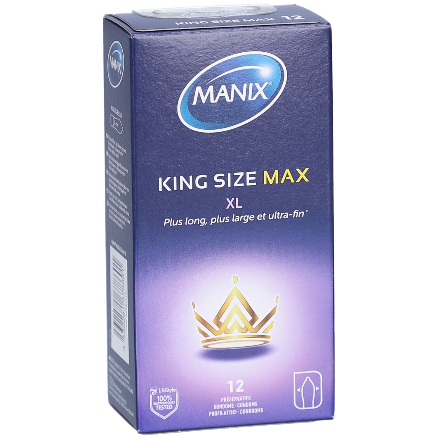 Vorderansicht der Schachtel mit MANIX King Size Max XL Kondomen. Logo, Produktname, Krone und 12 Stück. Zertifizierungen.