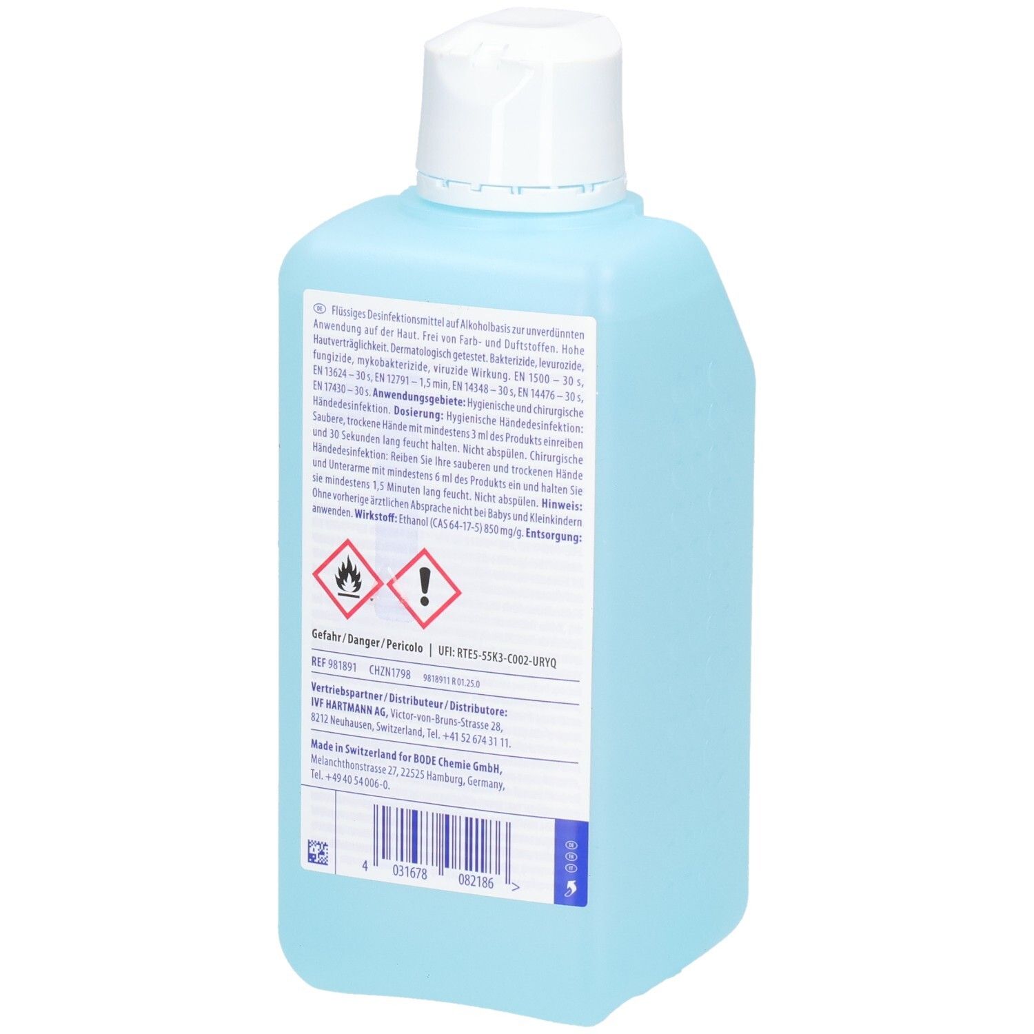 Hellblaue Flasche mit Desinfektionsmittel, 500ml.