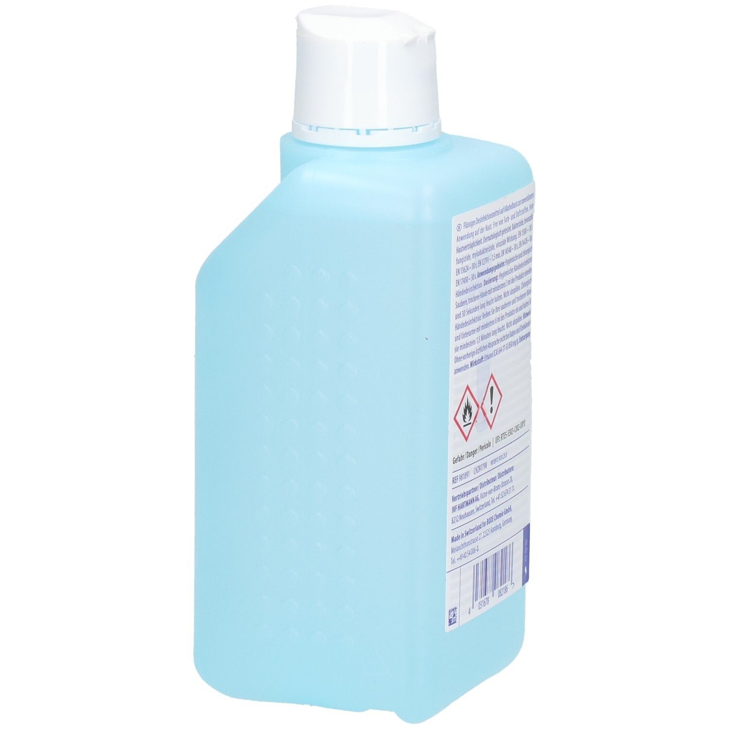 Hellblaue Flasche mit Desinfektionsmittel, 500ml.