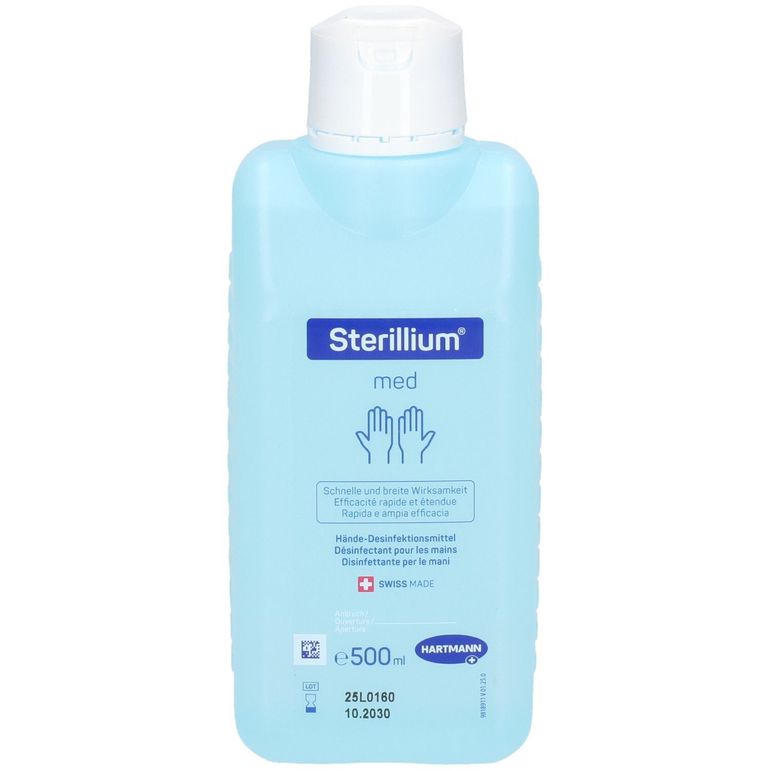 Sterillium med Handdesinfektionsmittel, 500ml Flasche. Blaue Flüssigkeit mit Pumpspender.