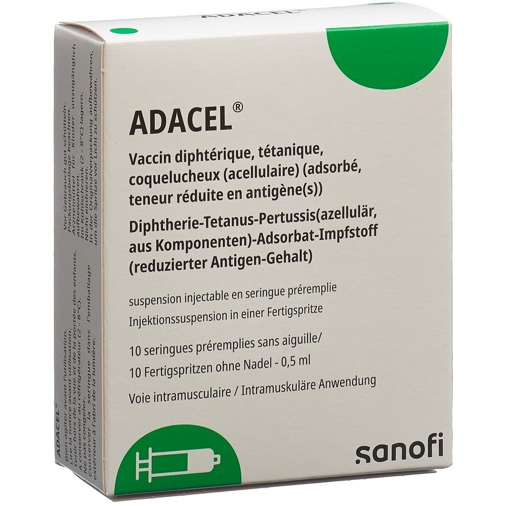 Karton mit ADACEL-Impfstoff. Text in Deutsch, Französisch. Enthält 10 Fertigspritzen ohne Nadel, 0,5 ml. Sanofi-Logo.