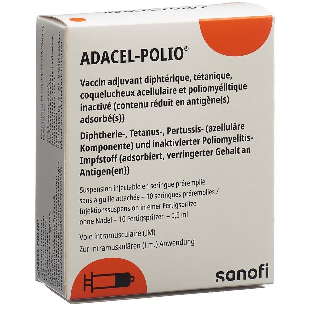 Karton mit Produktnamen ADACEL-POLIO. Text in Deutsch, Französisch. Enthält 10 Fertigspritzen. Sanofi Logo.